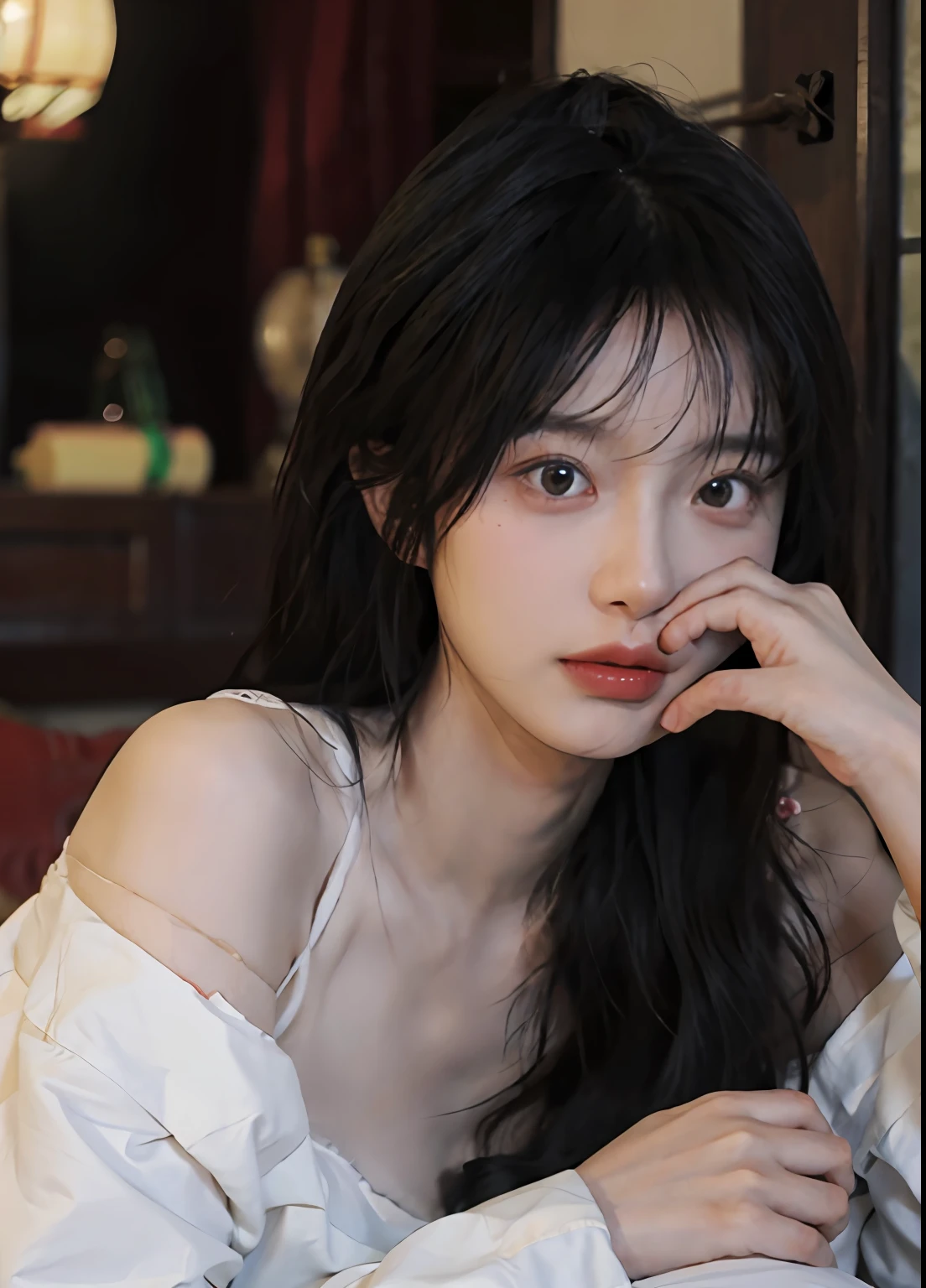 best qualtiy, 超高分辨率, (realisticlying:1.4), one-girl, A pair of clear and moving peach blossom eyes,Royal Sister,Long fluffy black hair(full bodyesbian:1.2)a sense of atmosphere,a beauty girl, (Huge room:1.4), looking at viewert, closeup ,