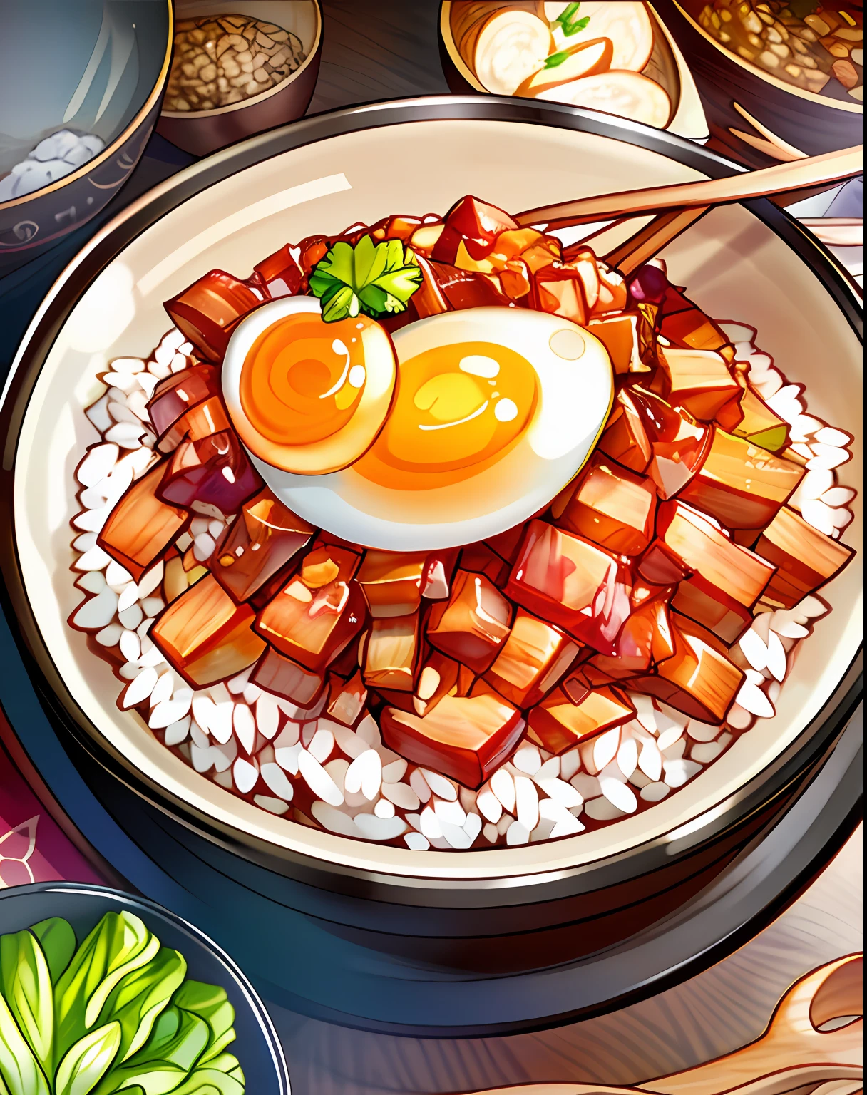 a bowl of braised pork rice, egg, vegetable, ((masterpiece)),illustration,high detail, soft lighting, delicious, colorful, aesthetically pleasing, studio lighting, trending