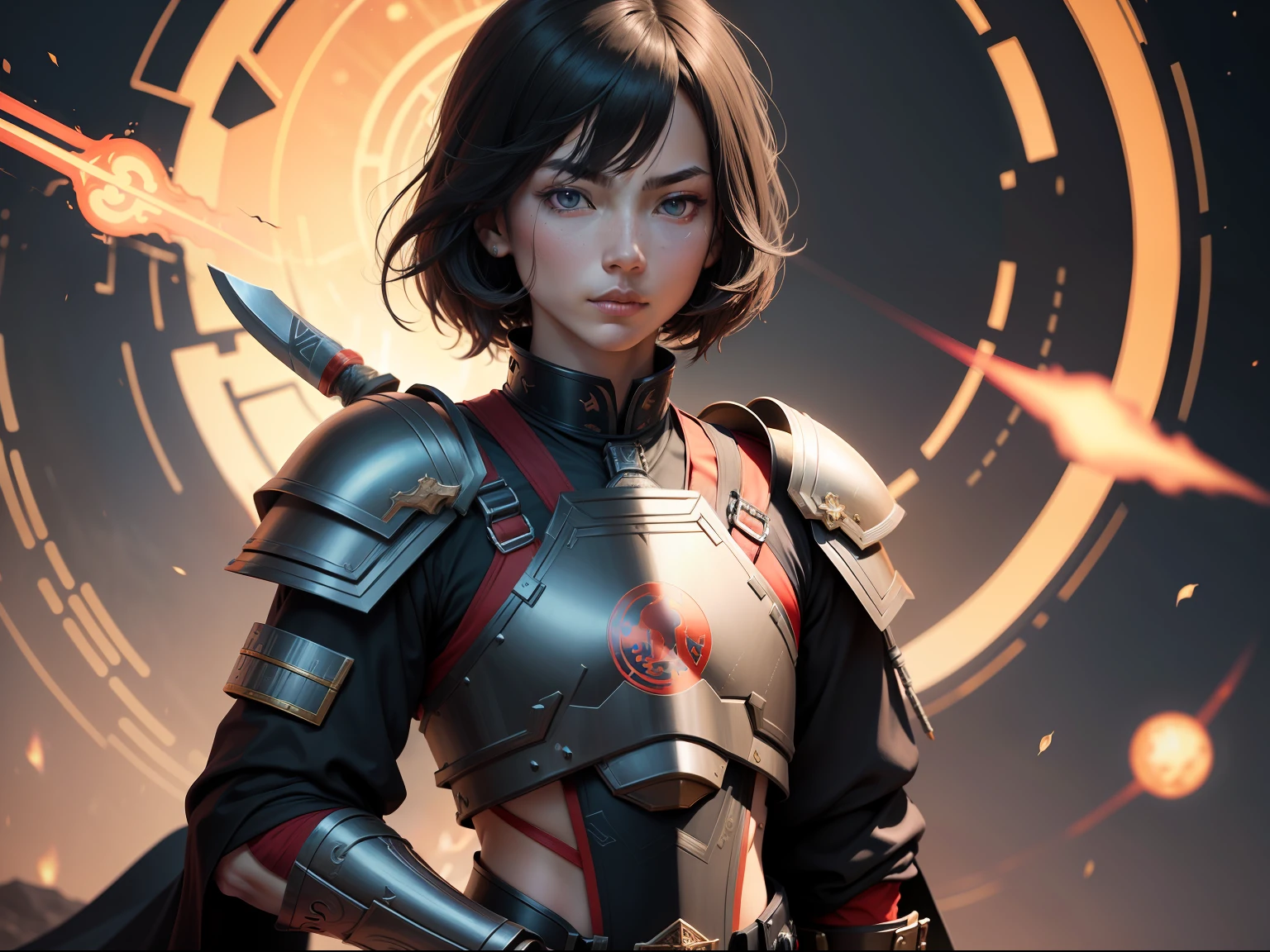 sci-fy，delicated，battle armor，kosmos，Taoist，in a panoramic view，Carry a Taoist totem sword，On the left chest there is a totem with the words black and red bull market