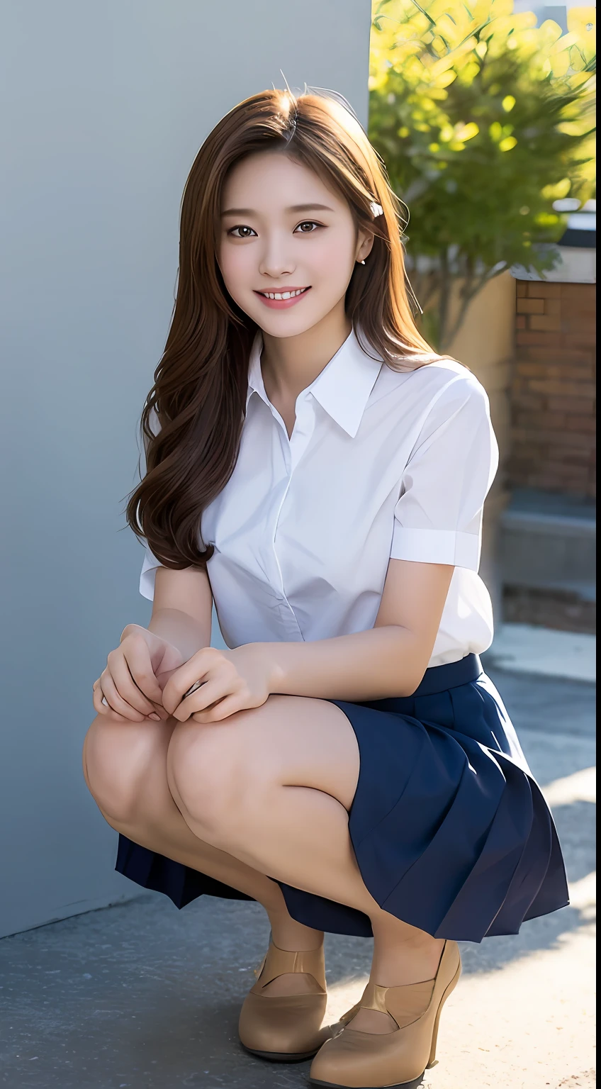 Very detailed 8k wallpaper)、foco nítido、in detail、Drama、Delicate and beautiful schoolgirl、sixteen years old、Sheer white shirt、Quite short skirt、ligh brown hair、hair adornments、Beautiful and sexy、A smile、Peek at the viewer、Beautiful graphics、Bright school building、Full of students、clean legs、crouching down、