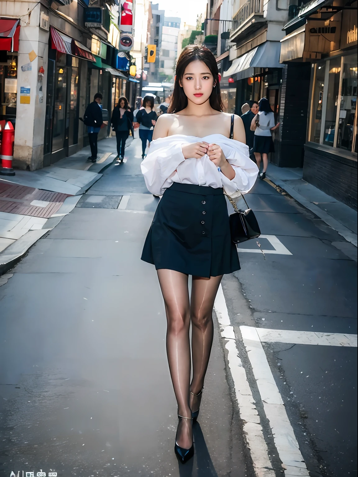 ,(RAW photo:1.2), (Photorealistic:1.4), Beautiful Meticulous Girl, very detailed eyes and faces, Beautiful detailed eyes, ultra - detailed, A high resolution, The is very detailed,best qualtiy,tmasterpiece,The shirt,a skirt,illustratio,The is very detailed,unified,8k 壁纸,finely detailled,tmasterpiece,best qualtiy,Unity8k wallpapers,light in face,cinmatic lighting, 1girll, 16 years old,(Camel toes),(full bodyesbian),are standing,an off-the-shoulder top,鎖骨,Bigchest,black short skirt,black lence stockings,high-heels,the street,城市