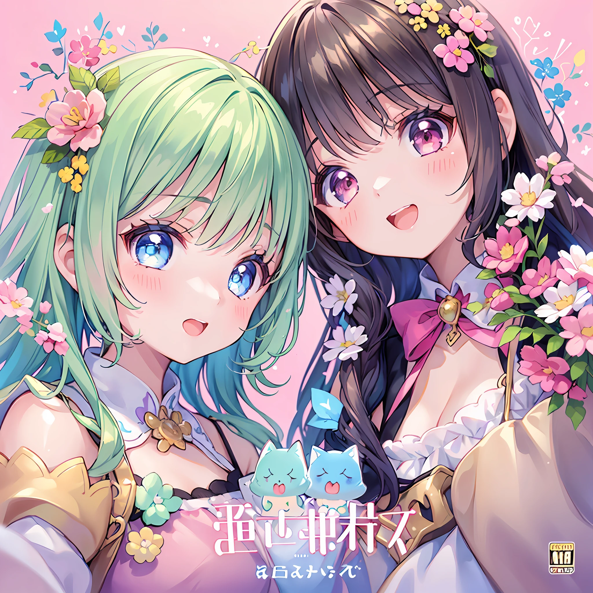 masterpiece, (2girls and 2girls and 2girls and 2girls), idol, closeup, big eyes, kawaiitech, kawaii, cute, pastel colors, best quality, happy, deep background, symmetrical, tilted head, spring, cover, title