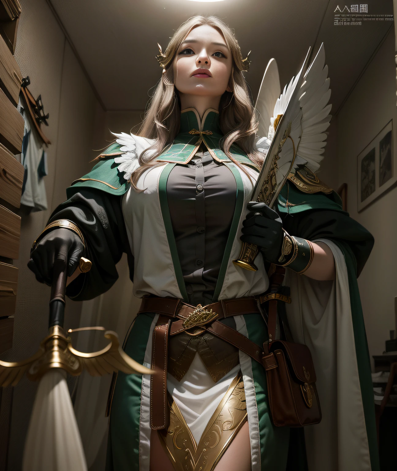 (8K,RAW photos,best qualtiy,tmasterpiece:1.2),(realisticlying,Photorealistic and realistic:1.37),Hyper-detailing,超高分辨率,1个Giant Breast Girl,beautifull detailed face,ssmile,teeth,Long sword,winged helmet,brassier,pantiess,profesional lighting,inside in room,