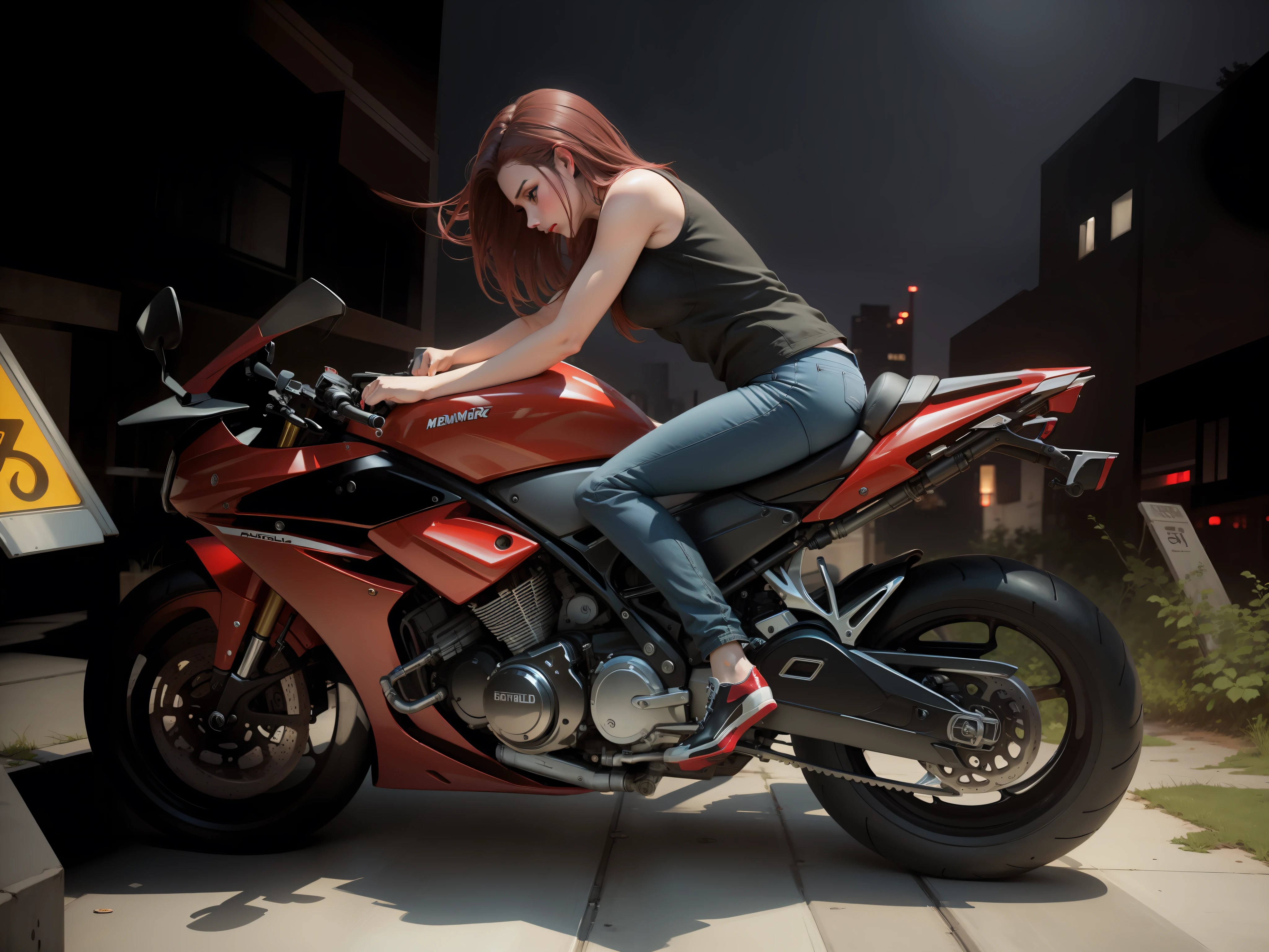 Side angle,Red motorcycle,Beautuful Women,Red shoes,High Picture Quality,Night riding