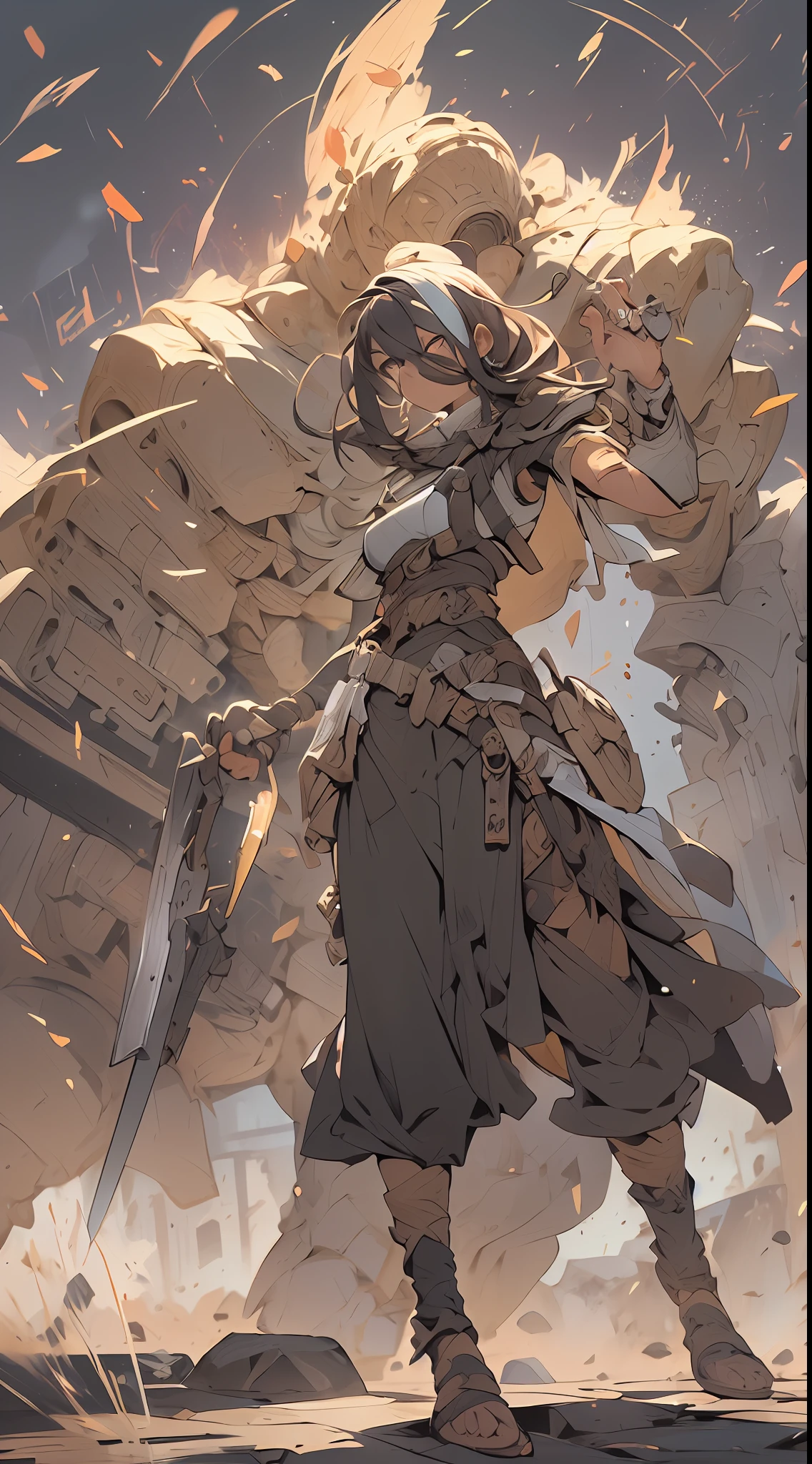 absurdres, highres, ultra detailed, masterpiece, cel shading, (bold outlines):1.2, flat colors, sharp shadows, graphic style, manga influence, clean linework
BREAK (1girl,solo), (full body:1.1), GOLD eyes, complex hair, long wavy hair, angry face, Warrior Cuirasss
BREAK (open stance, battle pose, action pose:1.2), (complex background:1.1), (dust effects, Dessert effects, sandstorm effects:1.4), (in a shower of falling rocks, earth attribute, earthquake:1.2), (Meteor Strike:1.2), (Gaia Shake:1.2)
BREAK