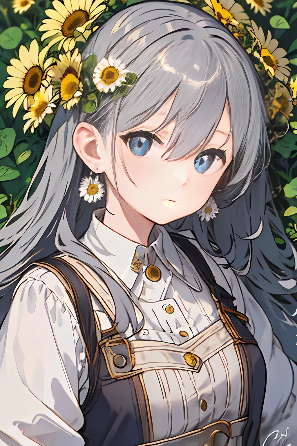 1girll, Solo, flower, Daisies，sportrait, Foliage, By bangs, signatures, flor branca, Gray hair, long whitr hair, eBlue eyes, Hair between both eyes, Flower earrings，Q version of the 