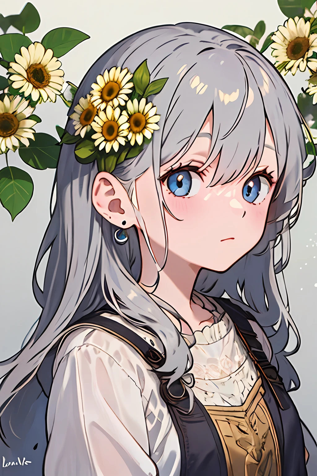 1girll, Solo, flower, Daisies，sportrait, Foliage, By bangs, signatures, flor branca, Gray hair, long whitr hair, eBlue eyes, Hair between both eyes, Flower earrings，Q version of the ***********