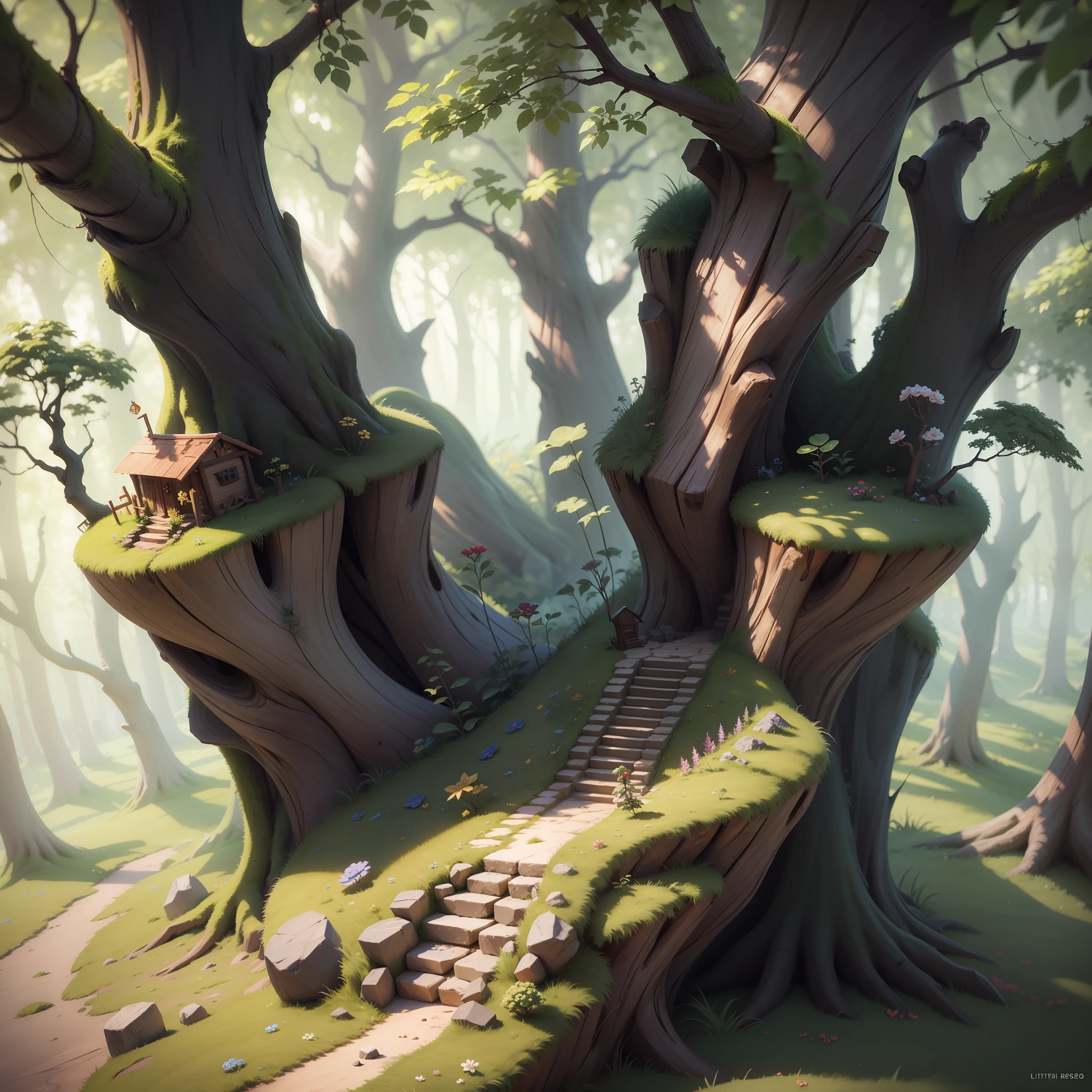 a fairy wood with a littel bit of sunlight, detalhes intrincados, alta qualidade, 8k
