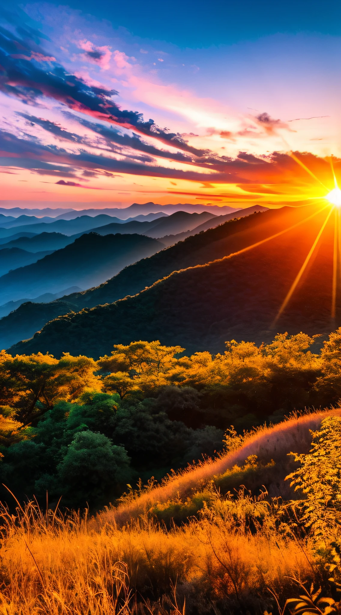 the setting sun，evening light，Tall and deep forest，view from long distance，realisticlying，plethora of colors，Gorgeous and colorful，wide wide shot，Shoot at night，positive，natural style，hdr shot。