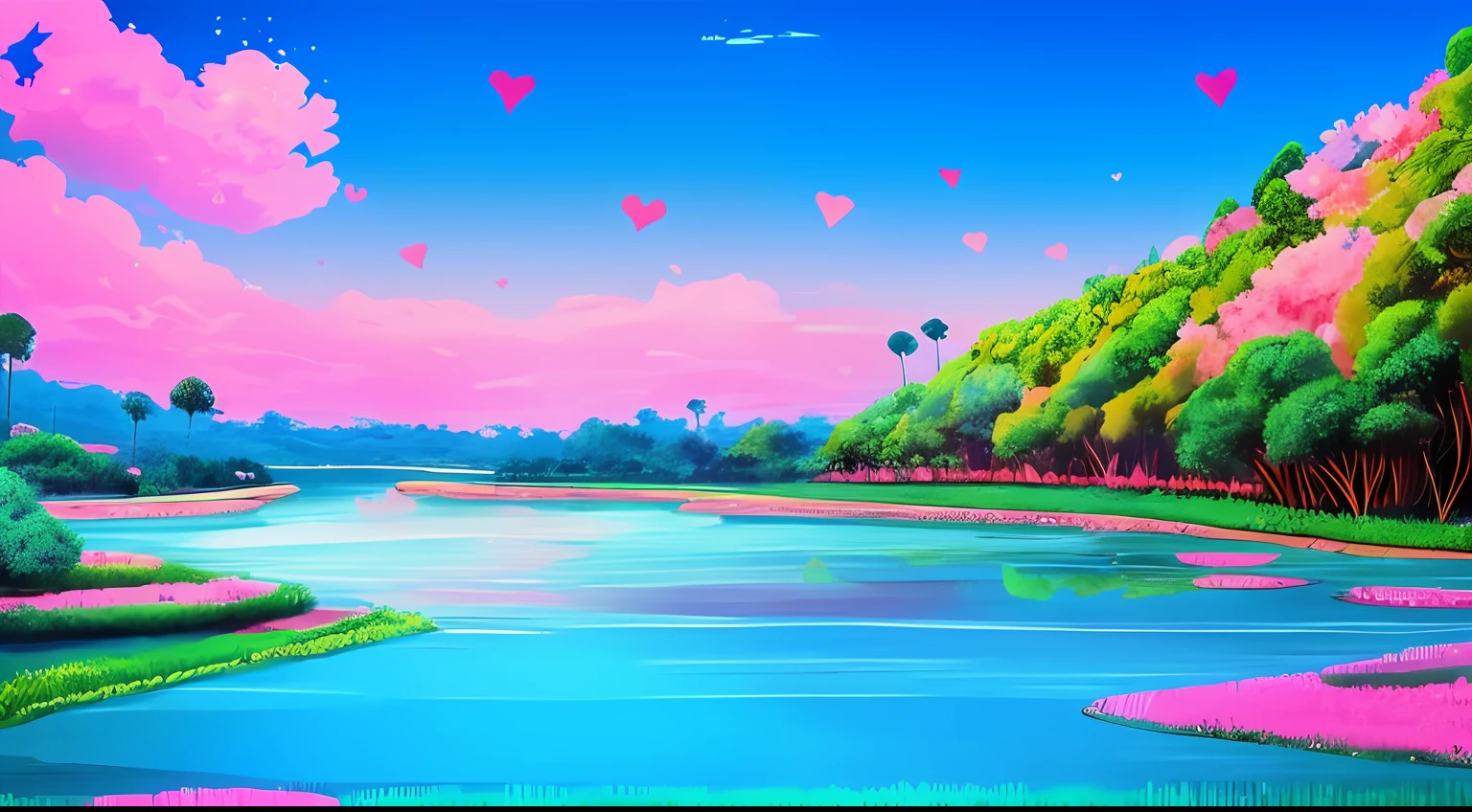 Uma paisagem com jardim, River reflecting the sky, Blue sky with some pink clouds, hearts of varying sizesRio de Janeiro floating through the sky, luz do sol, vento soprando folhas de cerejeira, cartoon style, 8k, alta qualidade anime style