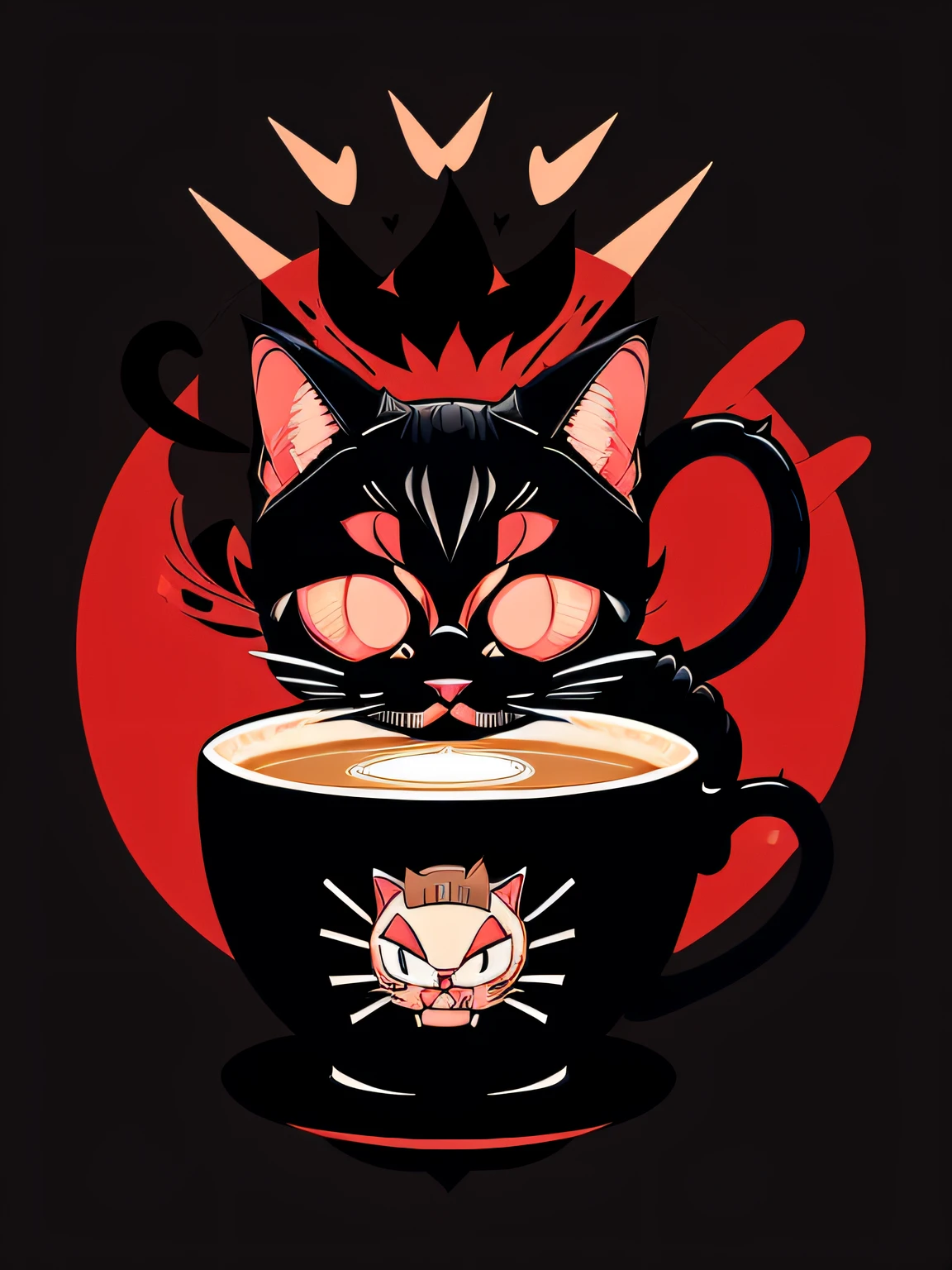Vector-art cartoon-style of an (angry cat sipping from a cup of coffee: 1.3). Give the cat big round eyes and a smirking smile to convey its delight. The cup can have a friendly and approachable design, with decorative elements like hearts or coffee beans. Add subtle shading and highlights to give the illustration depth and dimension. Use a warm color palette to evoke the cozy feeling of enjoying a cup of coffee, isolated, black background, in the style of 0mib