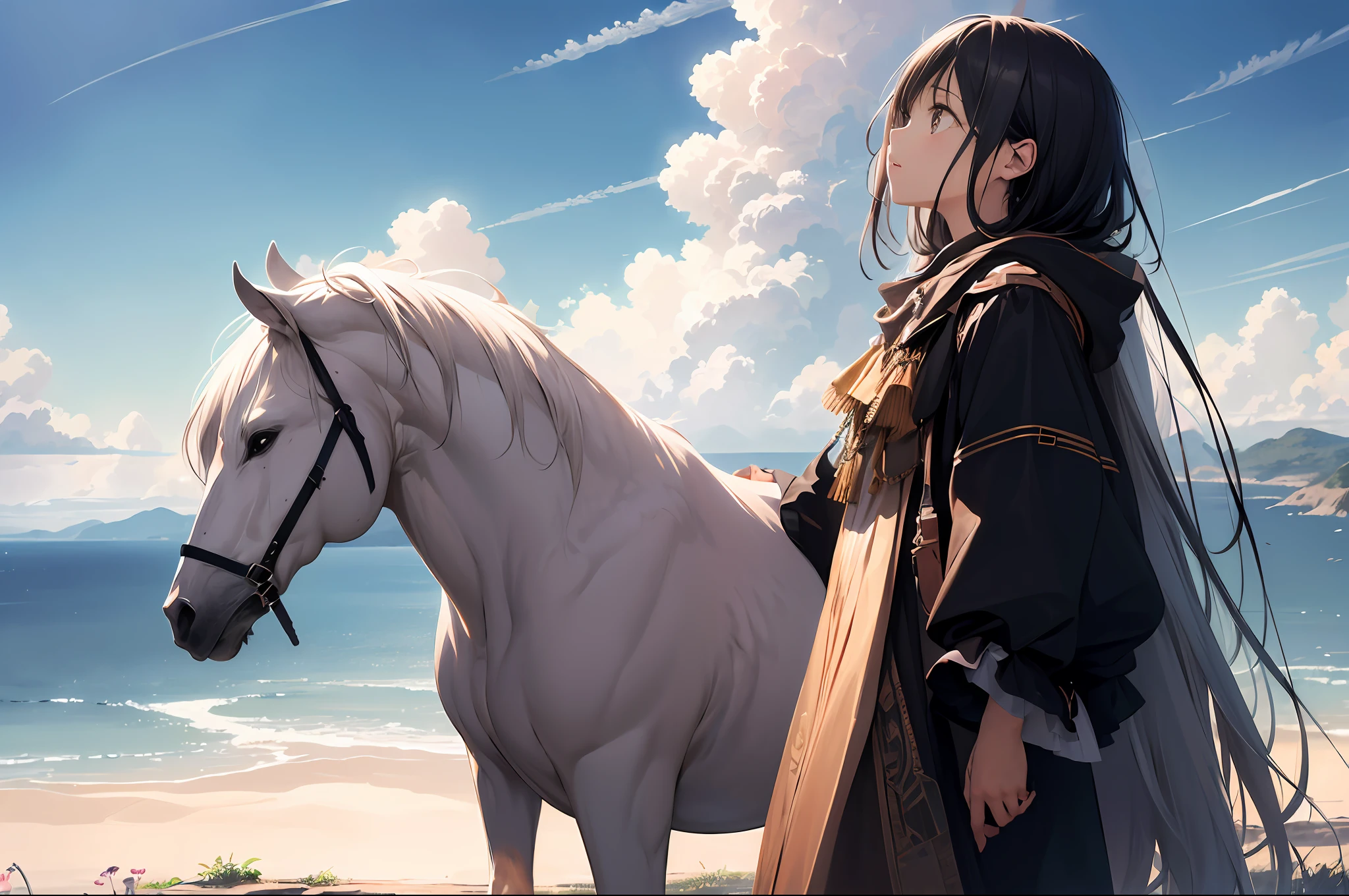 absurdres, highres, (official art, beautiful and aesthetic:1.2), close view,
shining sky, vast world, girl, gazing, awe-inspiring expression, distant horizon, clouds, high hill, natural beauty, inspiration, light effects,