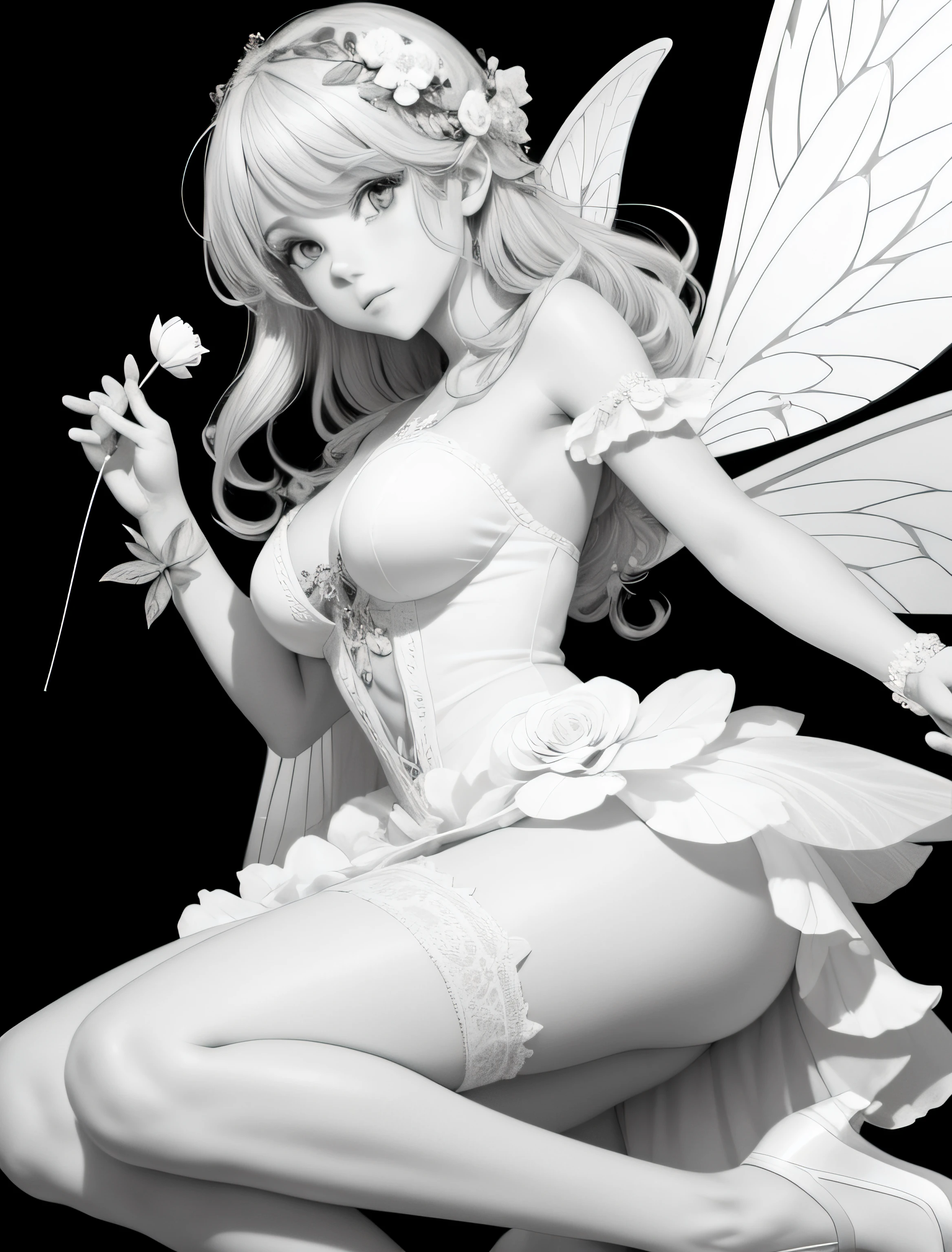 masterpiece, best quality, 1girl, young girl, light eyes, burn dinamic hair, sleepy_face, shiny skin, (nice leg line:1.3), thin waist, perfect breasts,
BREAK
(flower fairy:1.2), Lullaby faerie, Faerie enchantress, Wings, Wand, Garden with flowers and trees, Charm casting, Pixie dust, Herbology, flowers,
BREAK
around crowd:1.1, depth of field, looking at viewer, wariza, from front, upper body
BREAK
hyperlight greyscale coloring book page, illustration, in the style of black and white realism, adult coloring book page, black and white coloring page, clip art on white background, hyperlight greyscale, flat, limited shading, hyper-realistic clean line art, black line high detail, ((large white background:1.5))