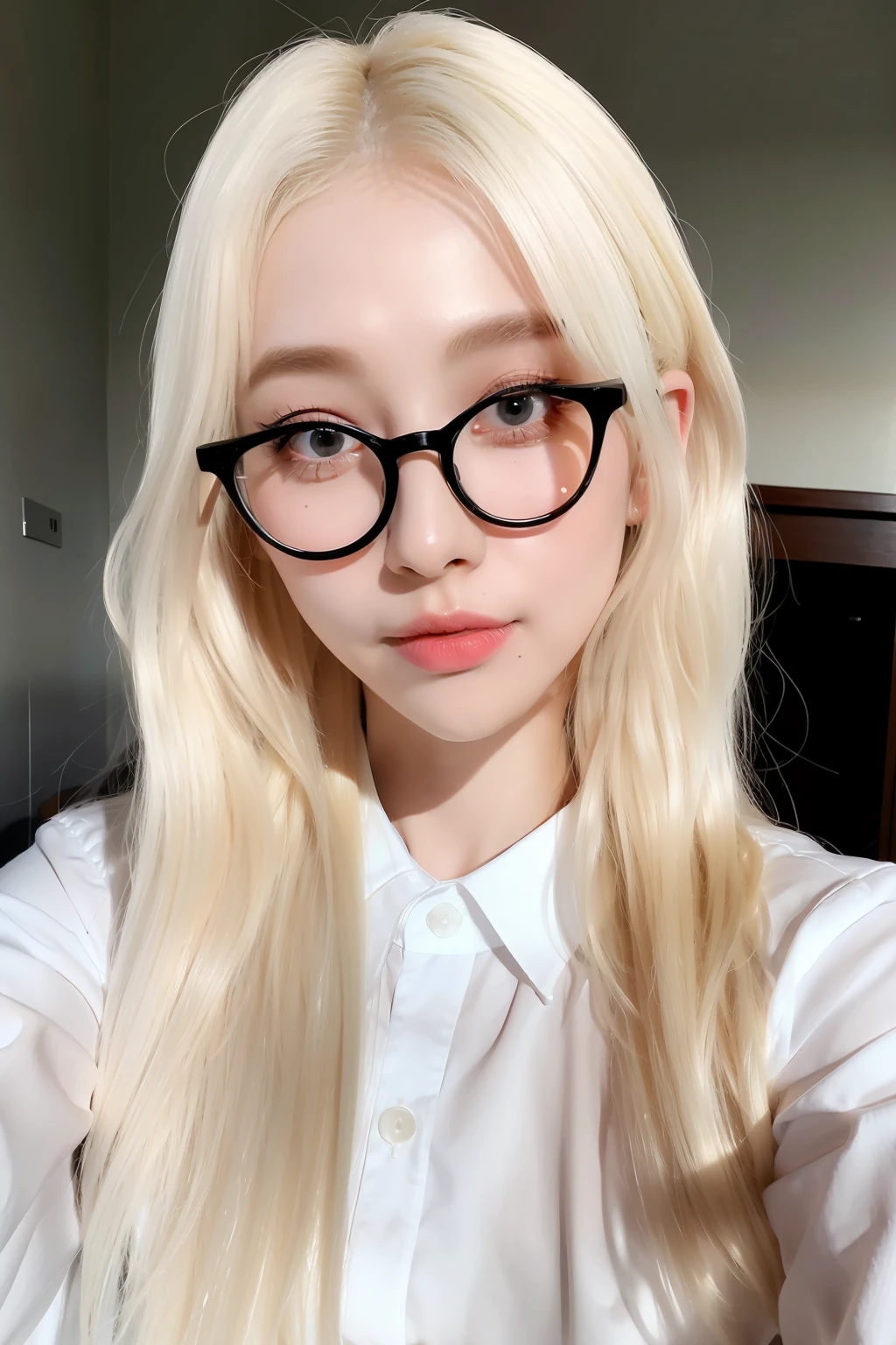 (8K, 4K, Best quality, A high resolution, 超A high resolution:1.1), (Masterpiece, Realistic, photo-realistic:1.1), 1girll, face, Close-up, double tails, Blonde hair, Black eyes, Red lips, (Looking in the audience：2），Absurd long hair，long eyelasher，eye shadows，petty face，largeeyes，hight contrast，Wear eyebrow-rimmed glasses，wear white shirt