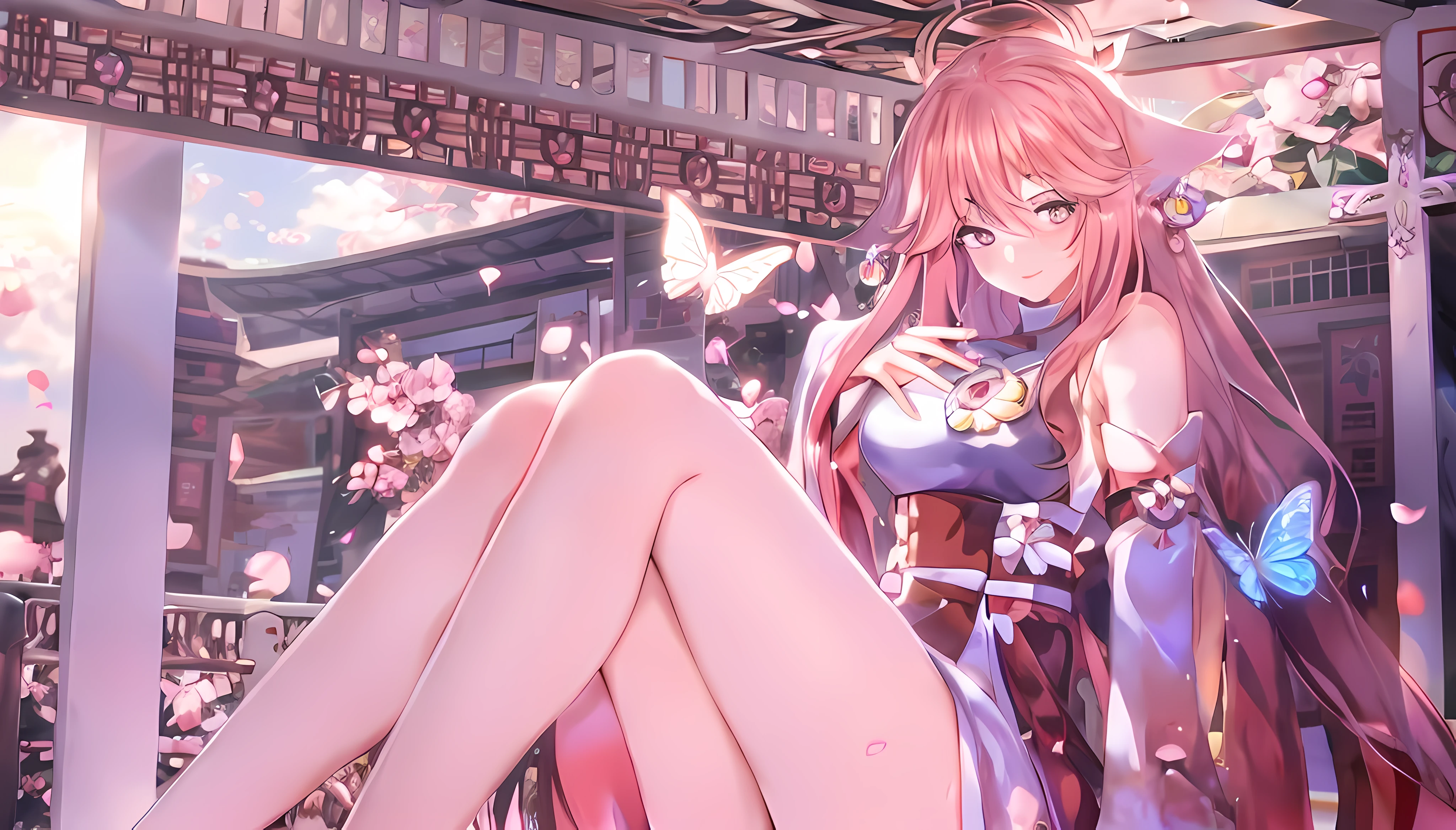 Anime girl sitting on platform，Holding a butterfly in his hand, Best anime 4k konachan wallpaper, seductive anime girls, style of anime4 K, Anime goddess, beautiful and seductive anime woman, Beautiful anime girl, sakura petals around her, hd anime wallaper, Anime art wallpaper 4k, anime wallaper, Anime art wallpaper 4 K, Anime wallpaper 4K