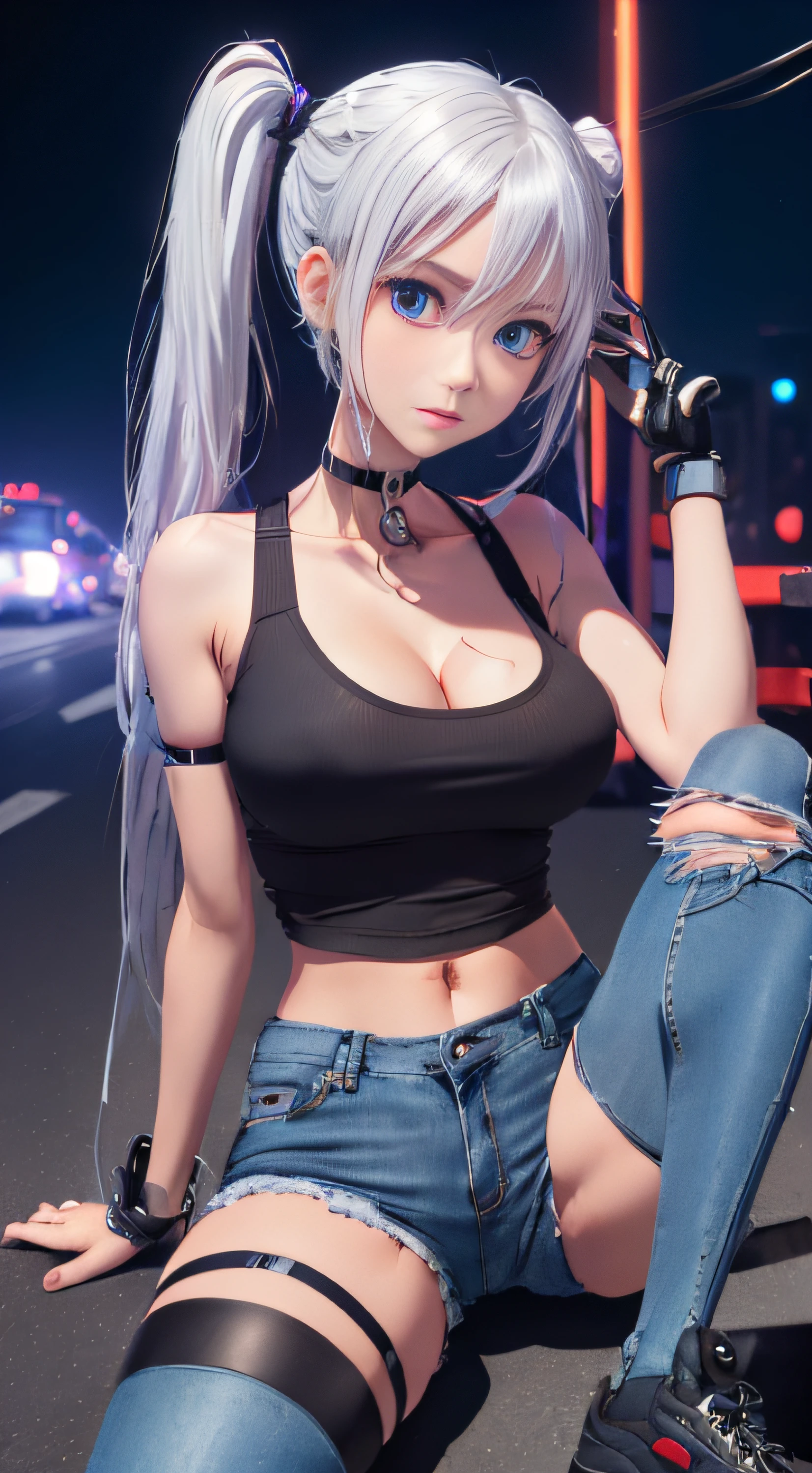 (((masutepiece)))), (((Highest Quality)))), ((Ultra Definition)), (Very Detailed Photoreality), (Delicate and Pretty Face), Cinematic Light, (((1 Machine Girl)), Solo, Full body, Big, Cleavage Is Visible Skin, White hair, Purple eyes, Luminous Eyes, (Mechanical joint: 1.4), (Mechanical limbs)), (blood vessels connected to tubes), (( Mechanical vertebrae attached to the back)), ((Mechanical cervical spine) Attached to the neck)), (((Sitting)), deadpan, (Wires and cables attached to the head and body: 1.5), (Character Focus), Small LED lamps on the body, Evangelion, nffsw, Metallic body, Detailed neon, Alaf woman in tight shorts and tight stockings walking down the street, tights; in a street, pantyhose tights, hotpants, tights, tights, Wearing tight simple clothes, Slim legs, wearing denim short shorts, denim hot-pants, Wearing black shorts, Hot Pants, tight denim jeans