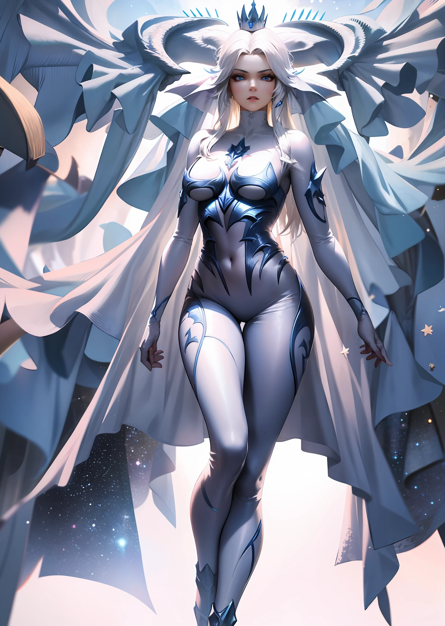 hydaelyn_tpa, 1girl, veil, white bodysuit, cape, parted lips, crown, starry background, blue eyes, space, legs apart, cinematic lighting, highly detailed, absurdres, masterpiece,