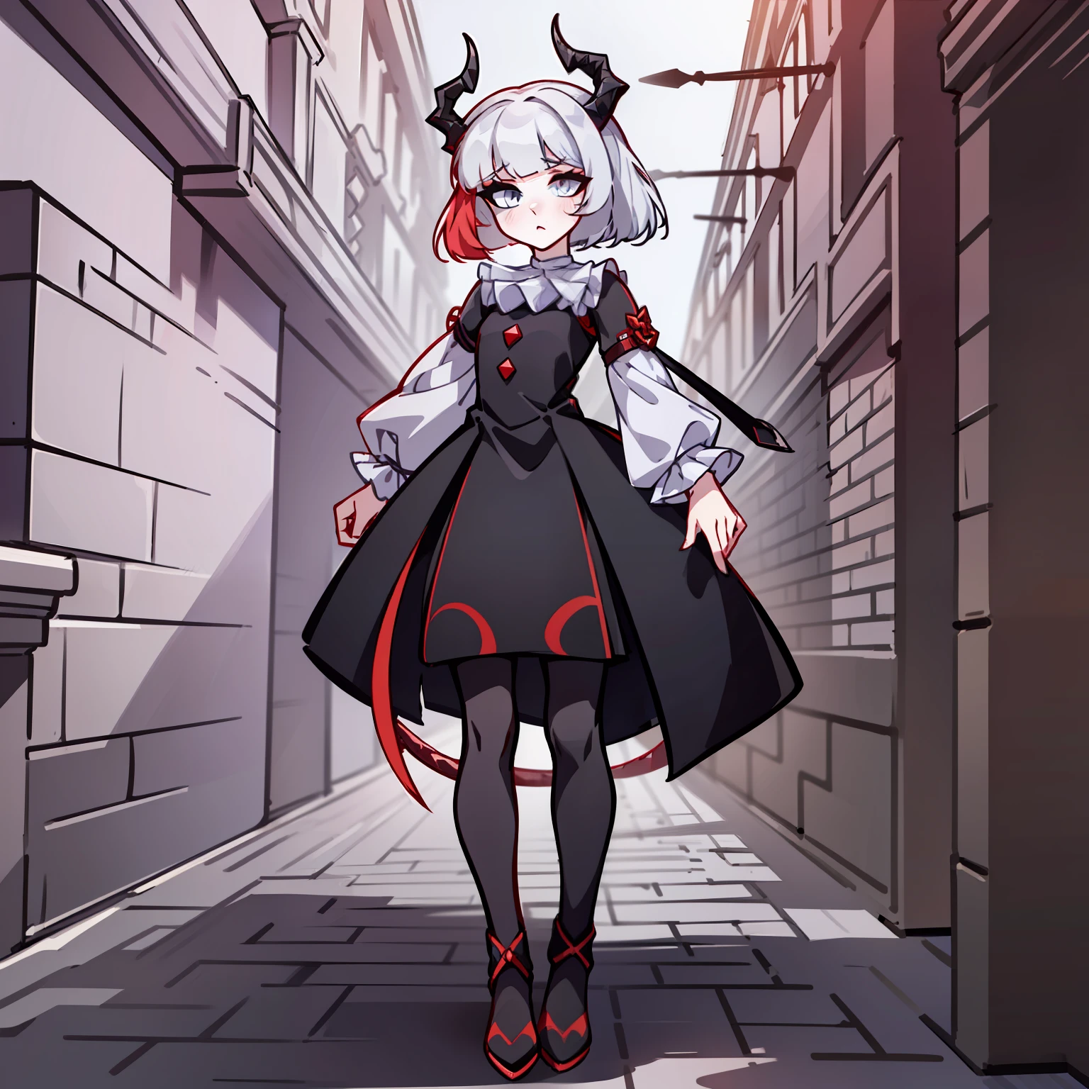 (Best quality: 1.0), (super high res: 1.0), extremely detailed character, detailed Hands, half-dragon girl, horns, scales on the neck, scales on the shoulders, scales on the forearm, scales on the cheek, girl with dragon tail, dragon tail, extremely detailed hair, short hair, ((white hair)), ((black locks)), extremely detailed eyes, eye with different colors, heterochromia, white right eye,  black left eye, dragon eyes, 2d, anime art, ((child)), ((full body)), standing, medieval, rpg, small, cute