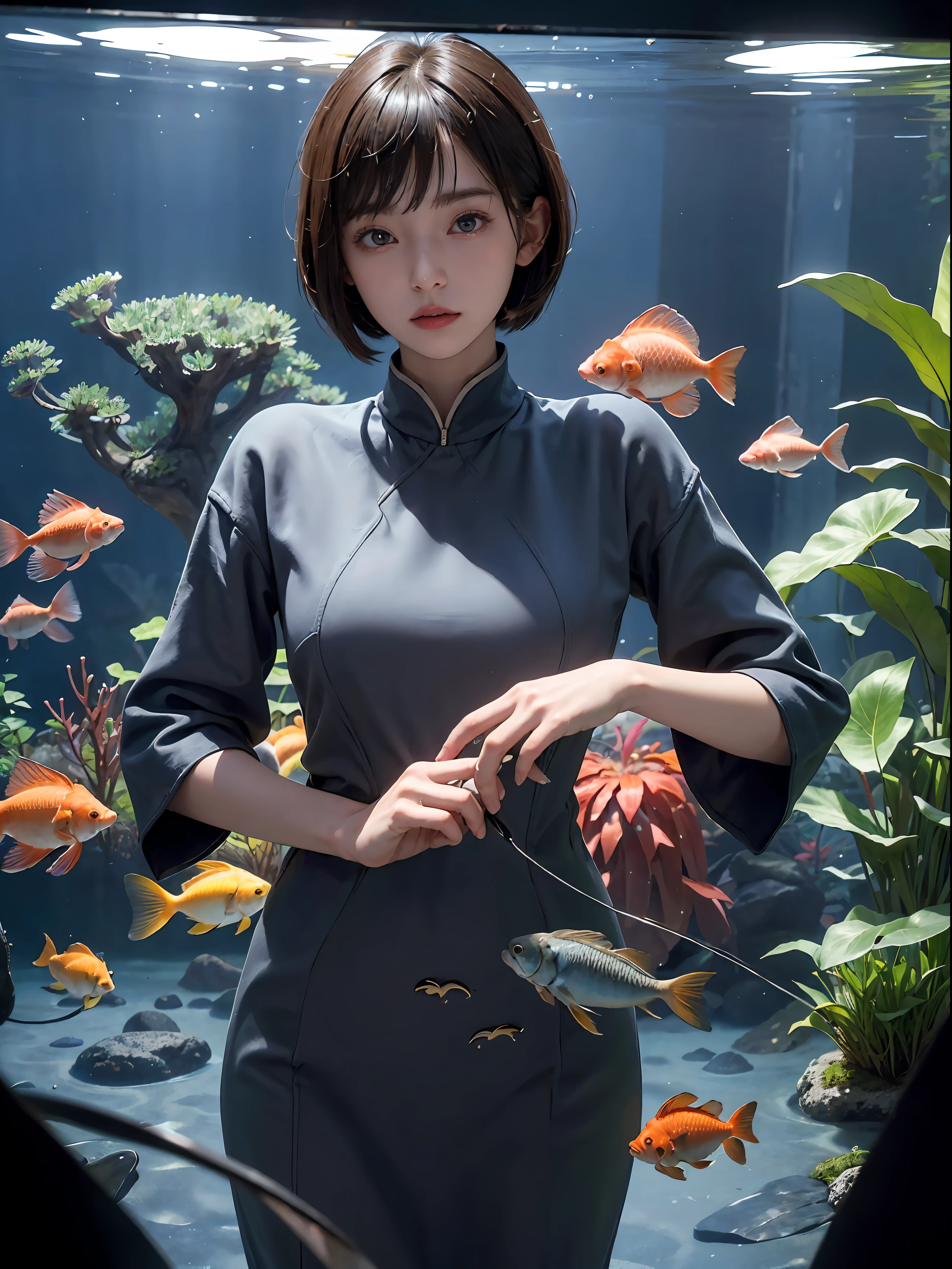 (((a 20 yo woman)))、((aquariums))、​masterpiece, 1 beautiful girls, (((very_Short_hair))), Eye details, Swollen eyes, Top image quality, 超A high resolution, (Realistis: 1.4), OriginalPhotographs, 1girl in, Cinematographic lighting, japanes, very beautif, Beautiful skins, (A hyper-realistic), (hight resolution), (8 K), (ighly detailed), (The best illustrations), (beautifully detailed eyes), (ultra-detailliert), A detailed face, look at a camera, Facing straight ahead, Neat Clothing, shorth hair、A dark-haired、46-point diagonal bangs、((aquariums))、Lots of fish、tropical fish、jellyfish