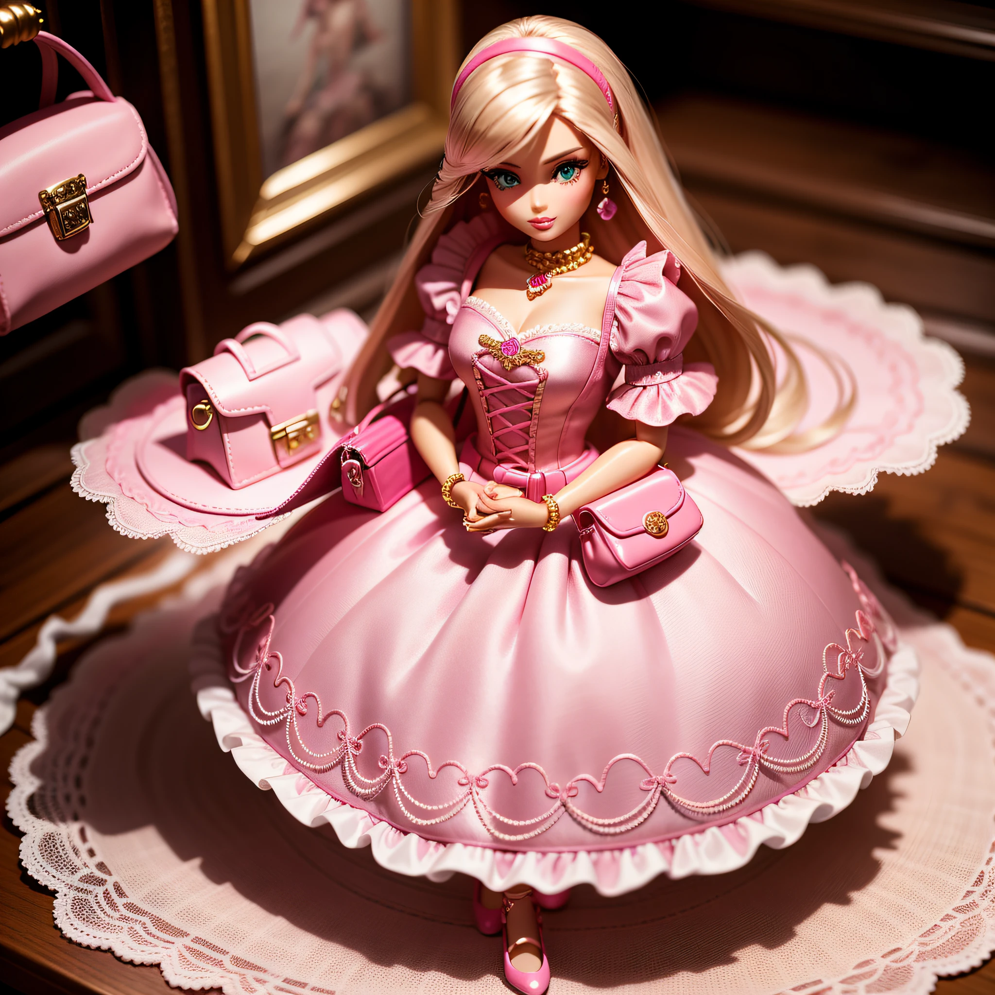 Barbie doll dressed in pink holding a purse, outfit with delicate embellishments, dollhouse setting