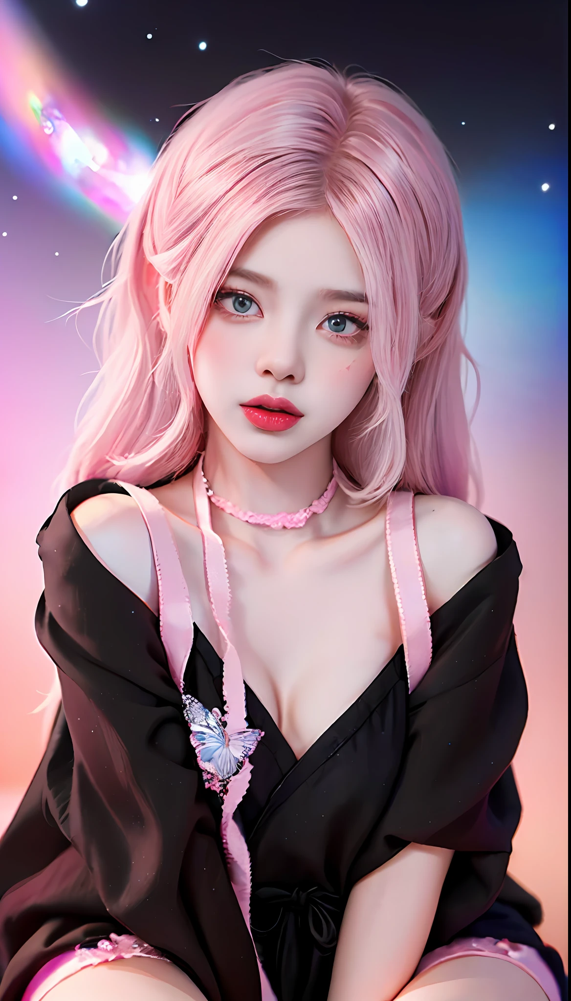 ((hyper super ultra detailed perfect piece)),illustration,masterpiece,(extremely detailed CG 8k),(real picture, intricate details, photograph, photorealistic),(((detailed pop magic universe background))),((shine colorful gradation skin clothes)),(((pink hair))),((best quality)),(black half tights),(black micro shorts),(upskirt),(((Solo))),sit down,((bobbed long hair)),((wearing witch cute robe)),(((beautiful atelier))),(detailed ???????),((pink eye)),(gradation pupils),flat chest,((magic metamorphosis body)),((magic gradation water)),(metamorphosis gradation body skin)