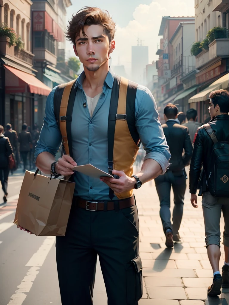 Handsome male courier，Stand on the bustling street。