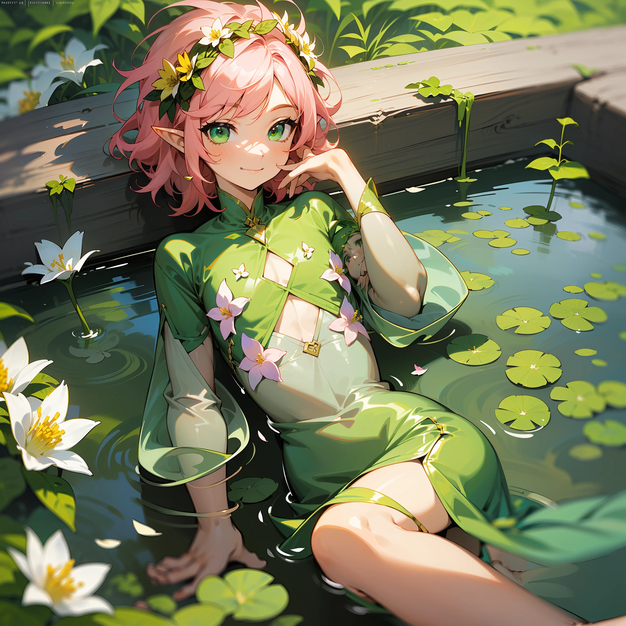 young man, twink, (((male))), (((man))), (1guy), (((single))), (((solo))), (((very light pink hair))), (((light green eyes))), (medium short hair), (chin-length hair), wavy hair, slim body, ((flat chest)), (((fantasy style))), (((wearing flowers in his hair))), (((green leaves in his hair))), flowercrown, ((pointy ears)), (((light green colored eyes))), smooth skin, bare legs, revealing clothes, (white flowers), ((yellow flowers)), gold details, summer, smiling, pond in the background, (relaxing on the grass), (inviting pose), (flirty expression), (seductive)