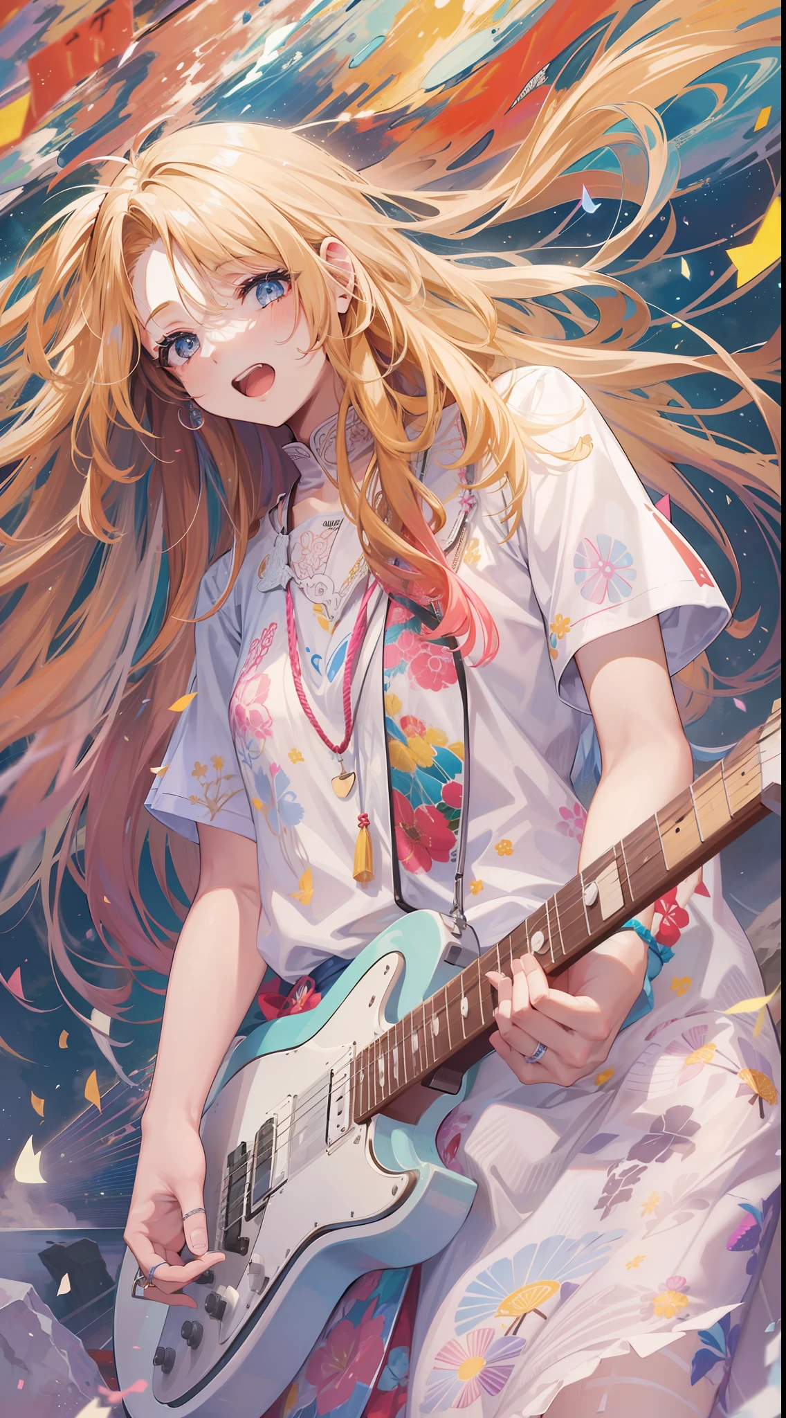 Girl in a dream。I have long colorful hair。Wearing white clothes。It's a rock band。I'm singing a song。Notes flying around。It is an illustration of the highest quality。It is a beautiful illustration。Very colorful。