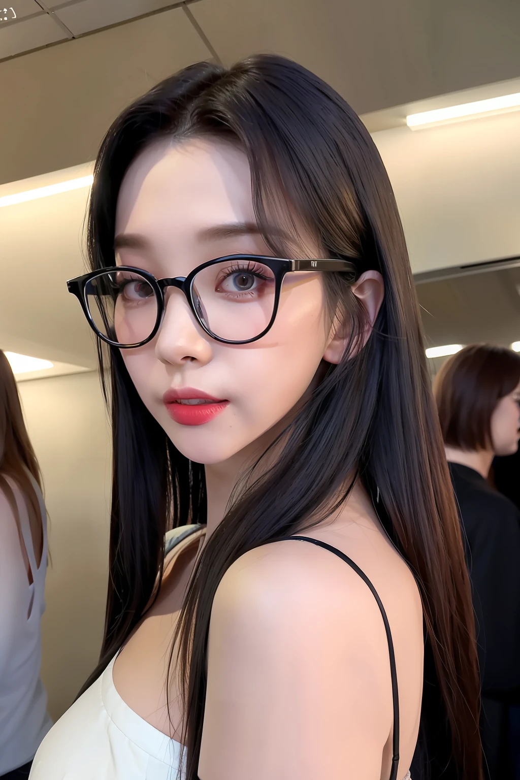(8K, 4K, Best quality, A high resolution, 超A high resolution:1.1), (Masterpiece, Realistic, photo-realistic:1.1), 1girll, face, Close-up, double tails, Blonde hair, Black eyes, Red lips, (Looking in the audience:2),Absurd long hair,long eyelasher,eye shadows,petty face,largeeyes,exposed bare shoulders,hight contrast,Wear eyebrow-rimmed glasses