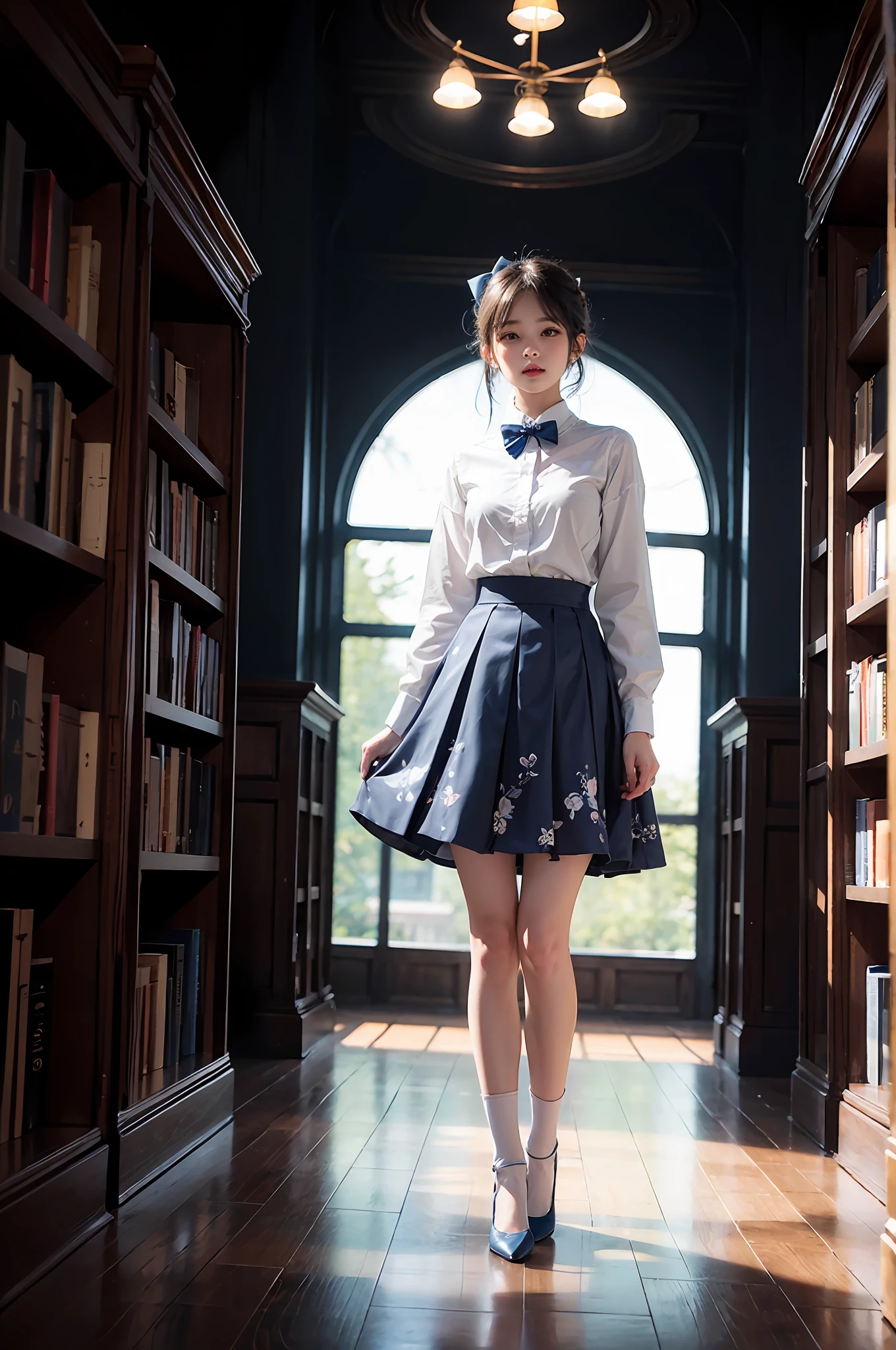 Woman standing alone in library, white light background wearing white floral blouse, dark blue bow tie, dark blue skirt with ruffles, white silk socks, wearing pumps
