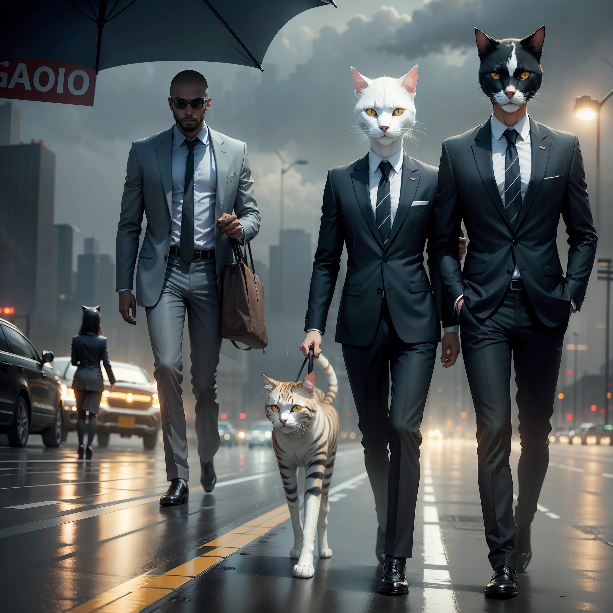 Cat-headed people，Business suit，drizzling，highways