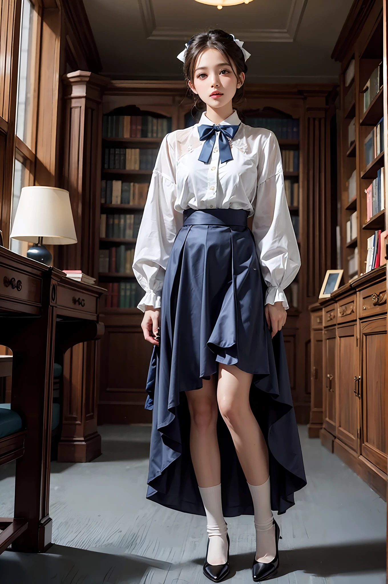 Woman standing alone in library, white light background wearing white floral blouse, dark blue bow tie, dark blue skirt with ruffles, white silk socks, wearing pumps