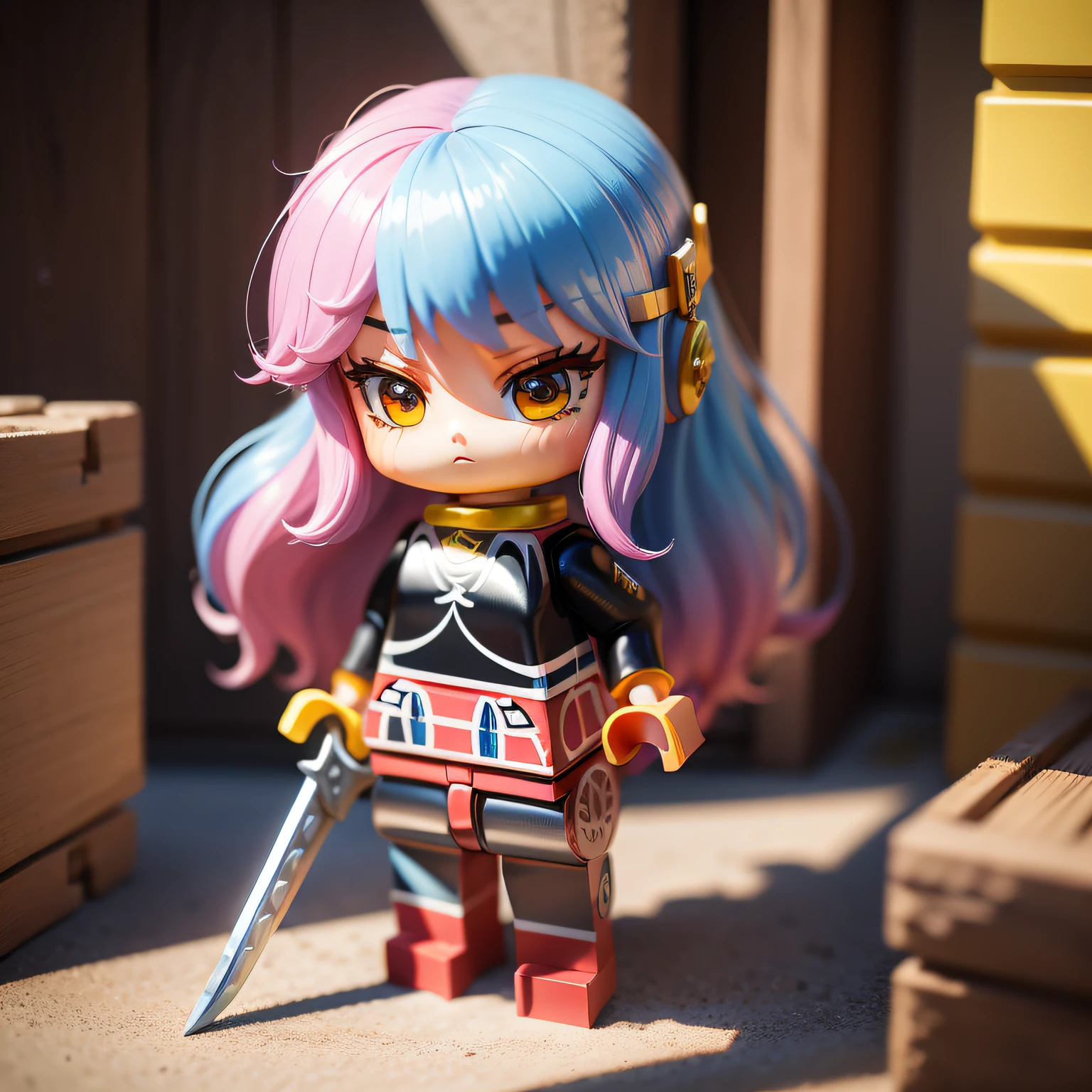 a beauty girl、accuracy、Lego、Chibi、Colorful hair、Hold your sword
