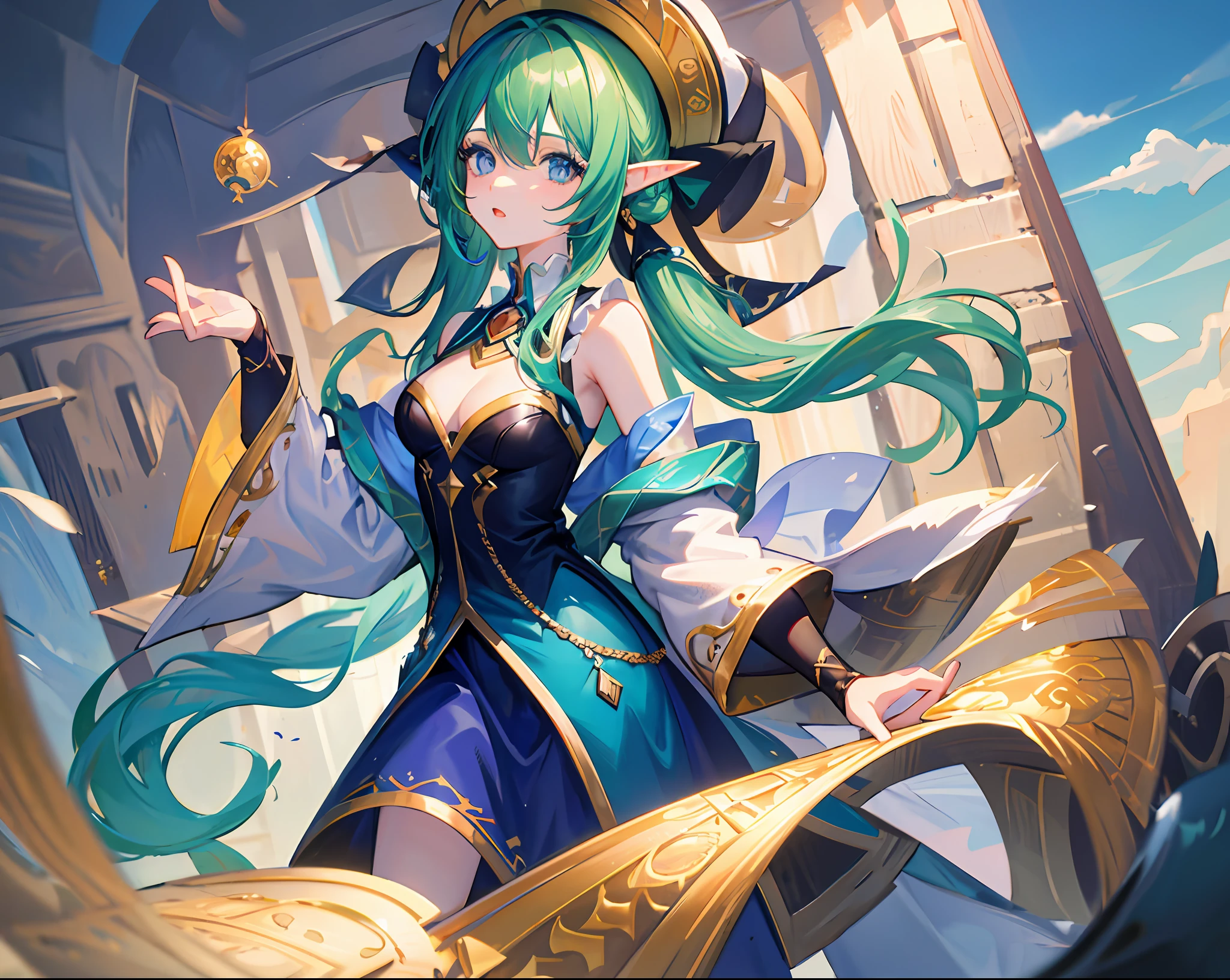 1girll, looking at viewert ,Green hair ,Blue eyes, Beautiful detailed eyes, long twintail,Wizard's Hat,wearing rags,Singing magic, Arcane, Magic perimeter,knowledge,abyss eyes,Deep blue sky, death,Medium breast,((Masterpiece)), (((Best quality))),((Beautiful detailed eyes)),(eyelash),elf,Extremely detailed Cg Unity 8K wallpaper,Masterpiece, ((Ultra-detailed)), ((illustration)),Colorful,the wallpaper