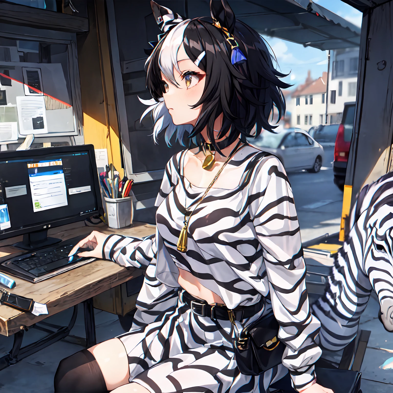 1girl in,Solo,Umamusume,Zebra print,White eyes,multicolored hair,hair messy,(White hair),Black hair,Short_hair,Zebracloak,Black_Shirt,Belt bag,Neck_bell,Black_Skirt