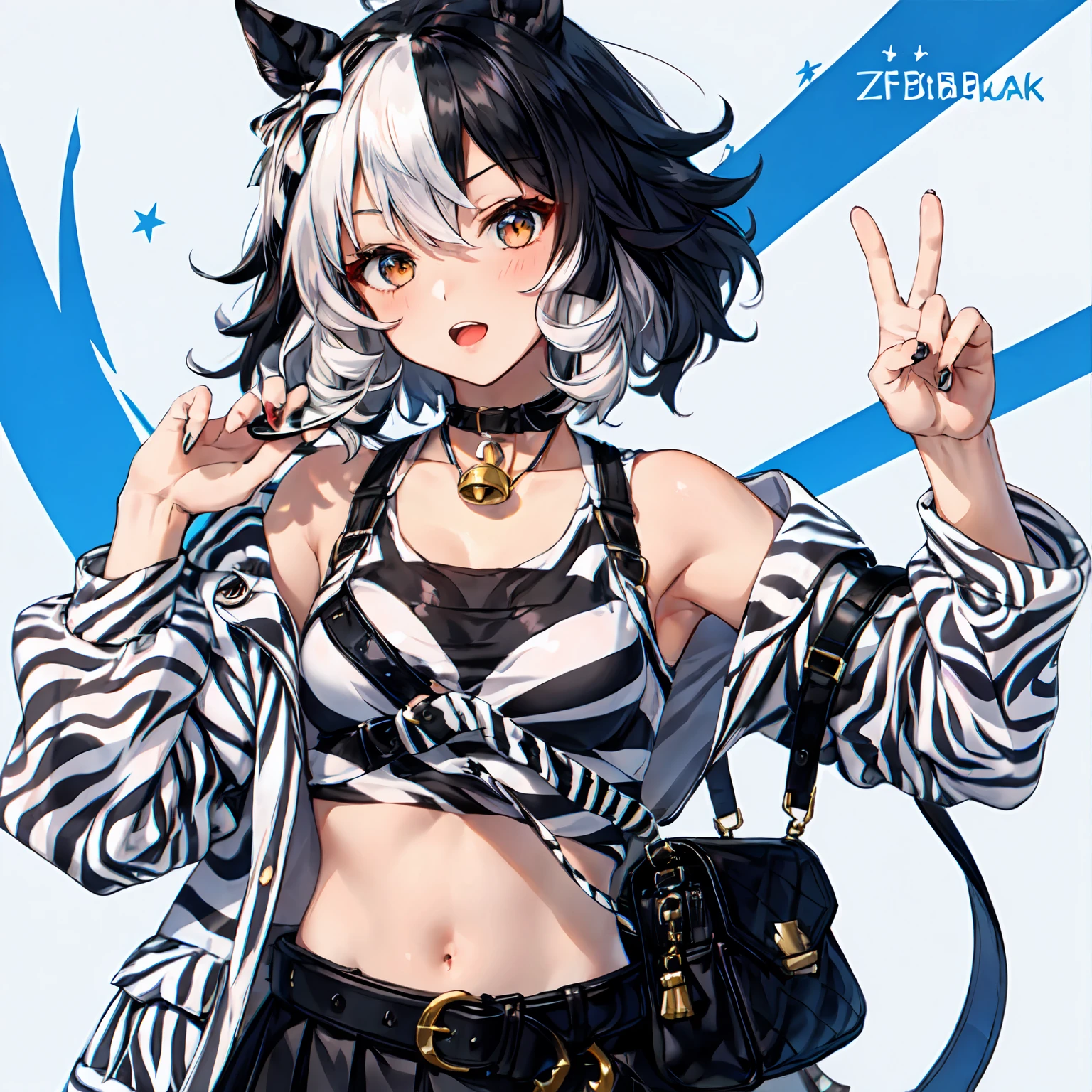 1girl in,Solo,Umamusume,Zebra print,White eyes,multicolored hair,hair messy,(White hair),Black hair,Short_hair,Zebracloak,Black_Shirt,Belt bag,Neck_bell,Black_Skirt