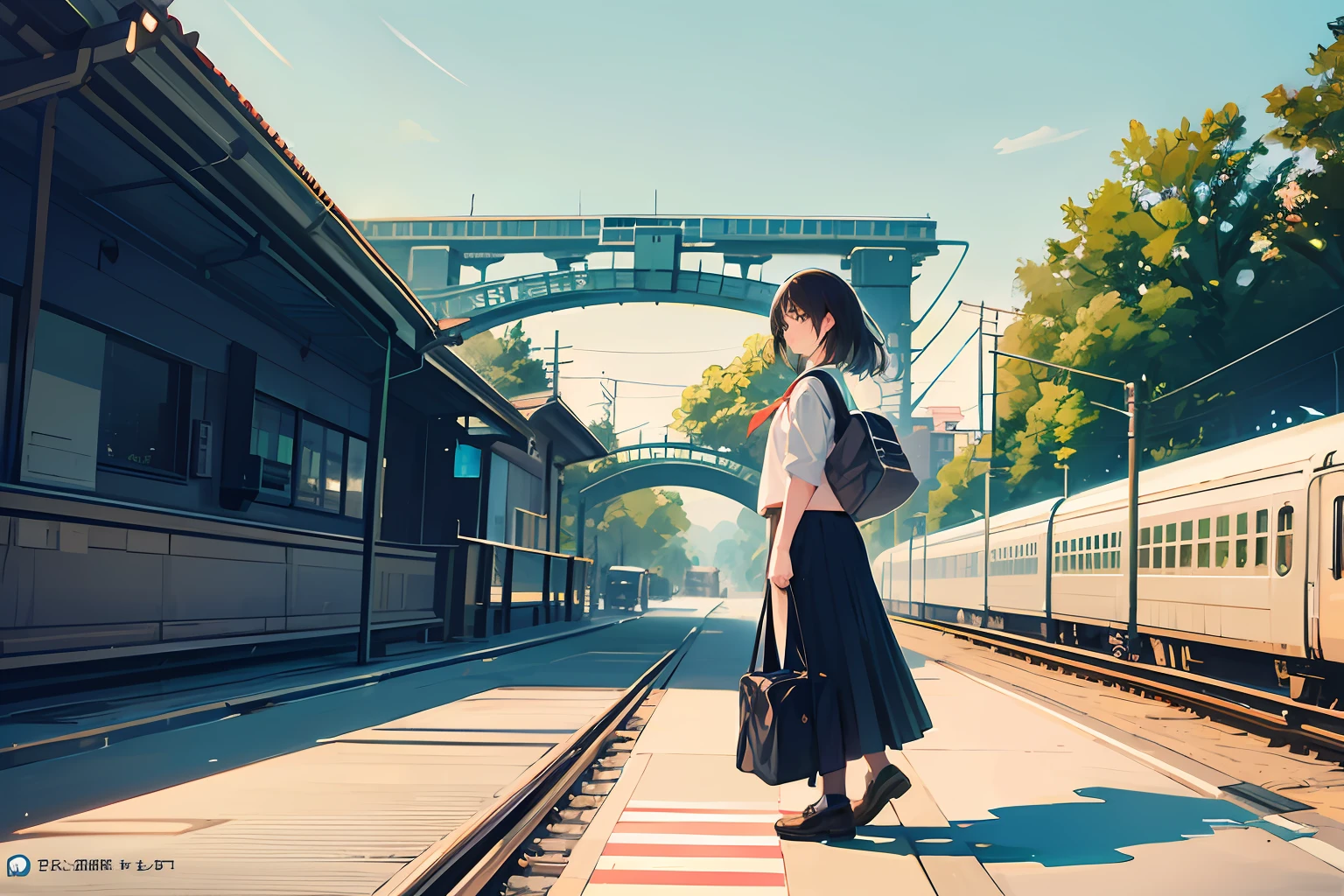 (((Yellow Train))),((masutepiece)),You are capturing a schoolgirl suffering from ChatGPT in a rural setting of Japan during the summer. She is under a brick arch bridge, Open her laptop, Work with a serious look. In the background, Capture the vague sight of a yellow train passing by, Emphasize the contrast between her concentration and the movement around her. I am using a Nikon D850 camera, Shot with AF-S Nikkor 85mm F/1.8G lens with resolution 45.7 megapixels. the ISO sensitivity is 100, and shutter speed is 1/60 second. Aiming for photography that skillfully utilizes natural light and shadows. The style is realistic, The color scheme aims for the vivid colors seen in Makoto Shinkai's works.. --ar 16:9 - V5.1 --Style raw --Q 2 --S 750