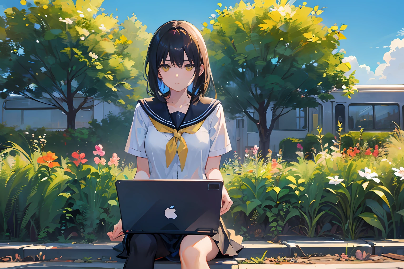 (((Yellow Train))),((masutepiece)),You are capturing a schoolgirl suffering from ChatGPT in a rural setting of Japan during the summer. She is under a brick arch bridge, Open her laptop, Work with a serious look. In the background, Capture the vague sight of a yellow train passing by, Emphasize the contrast between her concentration and the movement around her. I am using a Nikon D850 camera, Shot with AF-S Nikkor 85mm F/1.8G lens with resolution 45.7 megapixels. the ISO sensitivity is 100, and shutter speed is 1/60 second. Aiming for photography that skillfully utilizes natural light and shadows. The style is realistic, The color scheme aims for the vivid colors seen in Makoto Shinkai's works.. --ar 16:9 - V5.1 --Style raw --Q 2 --S 750