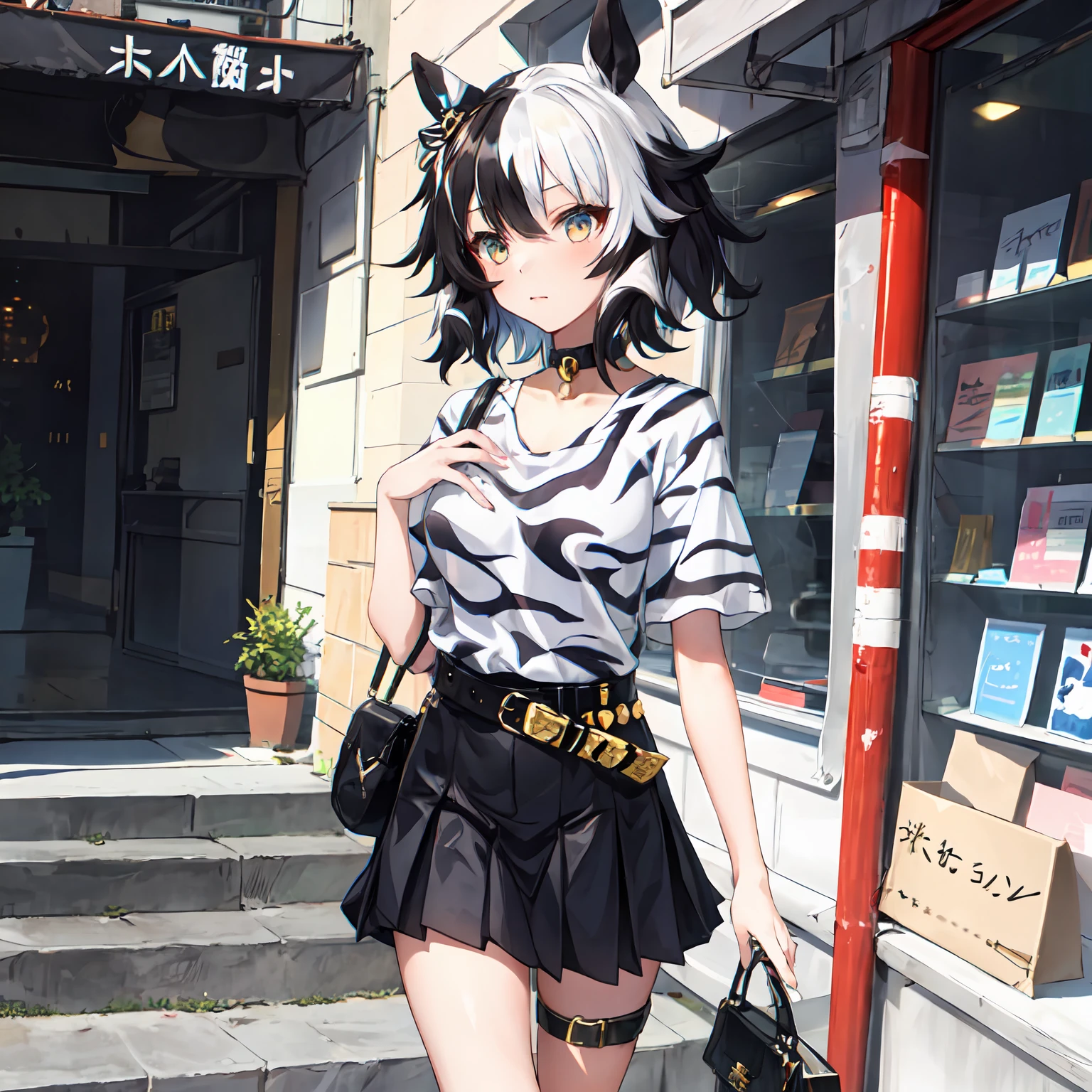 1girl in,Solo,Umamusume,Zebra print,White eyes,multicolored hair,hair messy,(White hair),Black hair,Short_hair,Zebracloak,Black_Shirt,Belt bag,Neck_bell,Black_Skirt