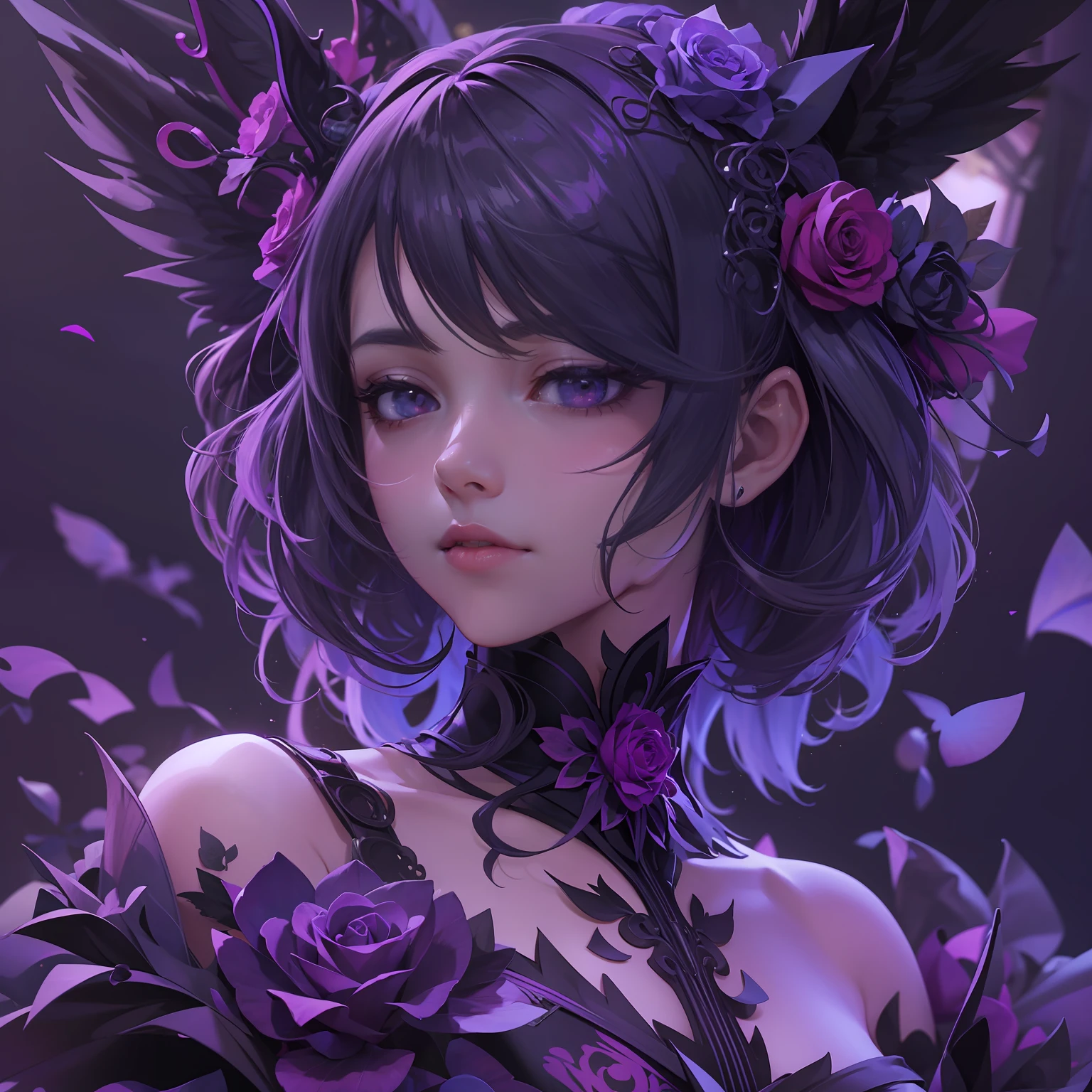 Anime girl with purple roses and black wings and a crown, Cyberpunk Art by Yang J, CGSOCIETY Contest Winner, Gothic art, 8k high quality detailed art, Detail Digital Animation Art, gothic maiden anime girl, 4k detailed digital art, 4k detailed digital art, 2.5D CGI Animation Fantasy Artwork, Intricate and colorful anime CGI style, s whole body, Detail,