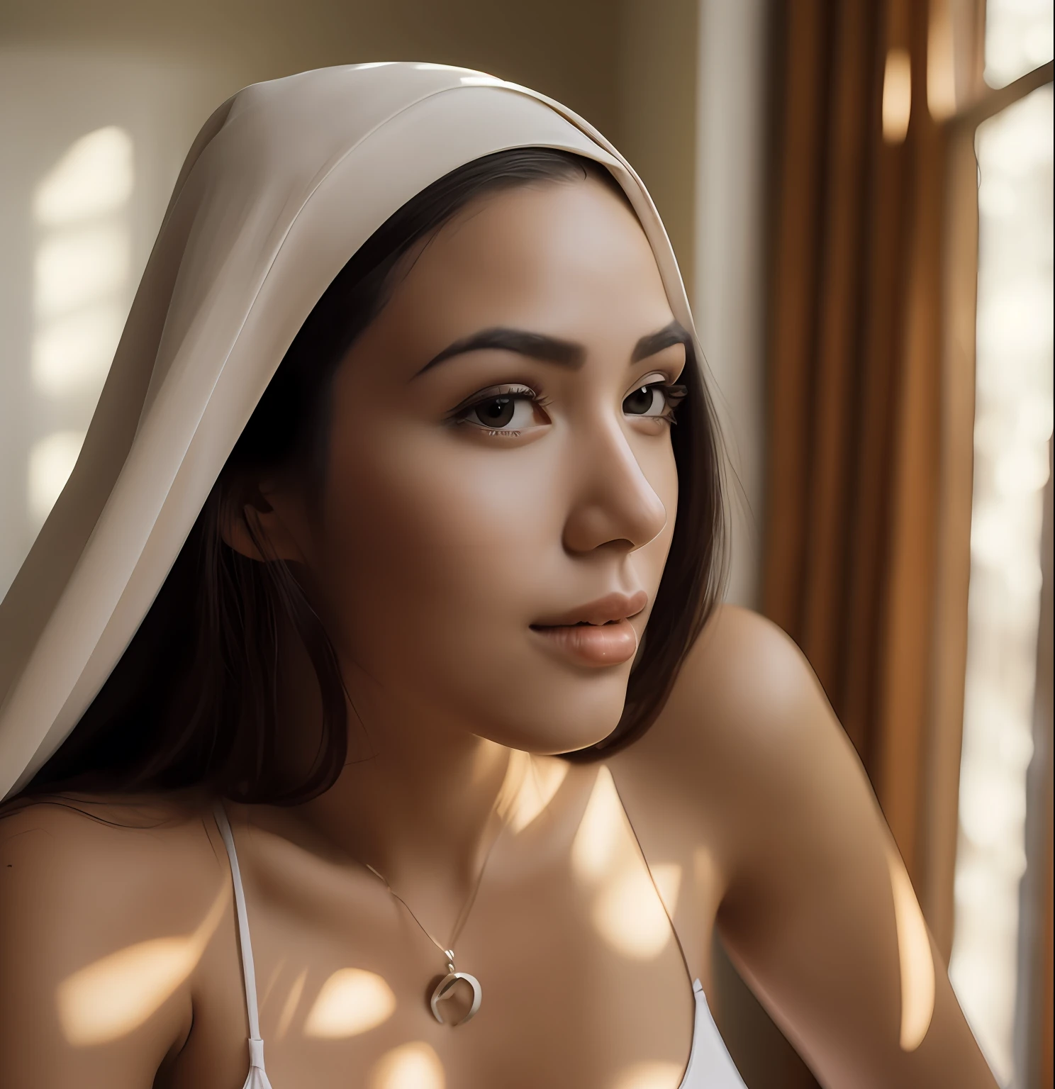 (makeup:0.3), beautiful indonesian woman with big beasts, nsfw, , , full body shot:1.3,bokeh:1.2, indoors, detailed luxury living room, model pose, standing with open leg, (small_head, big hip), 1 girl,fit, solo, nun,collarbone:1.3, pelvic_curtain:1.3,white pantyhose, smooth skin, necklace, black_hair, long legs, long hair, tiny_waist, realistic_detailed_skin_texture, good hands, good feet, (8k, RAW photo, best quality, masterpiece:1.2), (realistic, photo-realistic:1.37), ultra high res, photon mapping, radiosity, ((Hasselblad photography)),physically-based rendering, professional soft lighting, light on face, fishnet, pantyhose, bodysuit, no bra, big tits, no pants