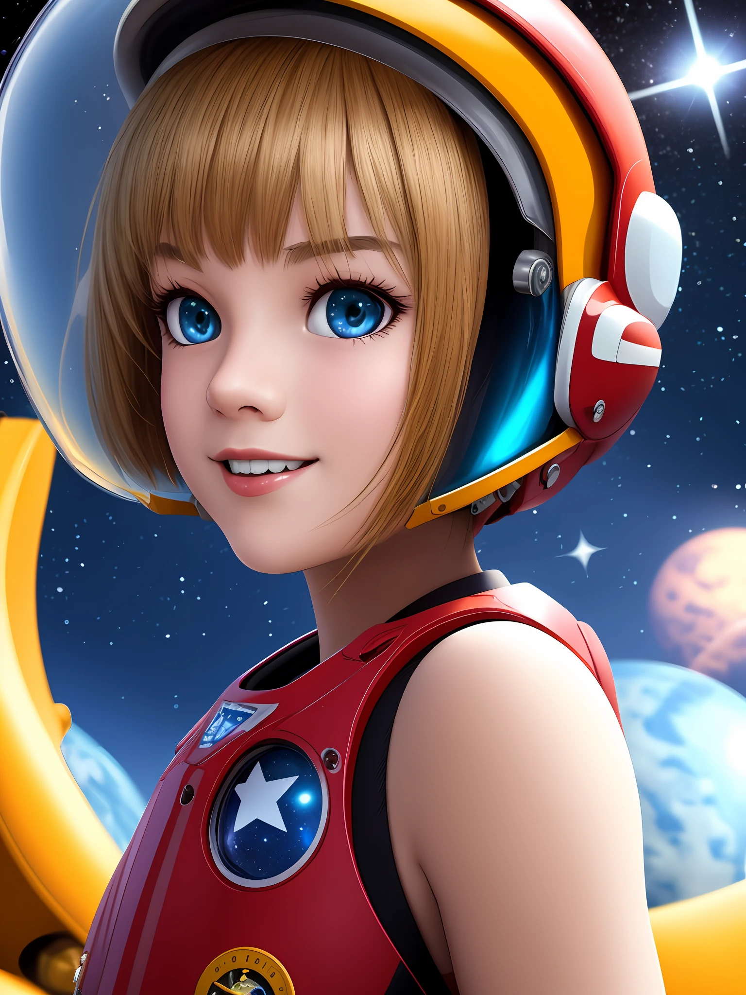 masterpiece, best quality, Half body portrait, 1girl, anime, 3D, pixar, realistic, teen girl, smiling, cute face, short hair, astronaut helmet, starry universe background, true light, super hero style, bodysuit, pin-up, beautiful, sexy, colourful, nsfw, smooth skin, illustration, artstation, painting by stanley artgerm lau, sideways glance, foreshortening, extremely detailed 8K, smooth, high resolution, ultra quality, highly detail eyes, highly detail mouth, highly detailed face, perfect eyes, both eyes are the same, glare, Iridescent, Global illumination, real hair movement, realistic light, realistic shadow, real face, hd, 2k, 4k, 8k, 16k