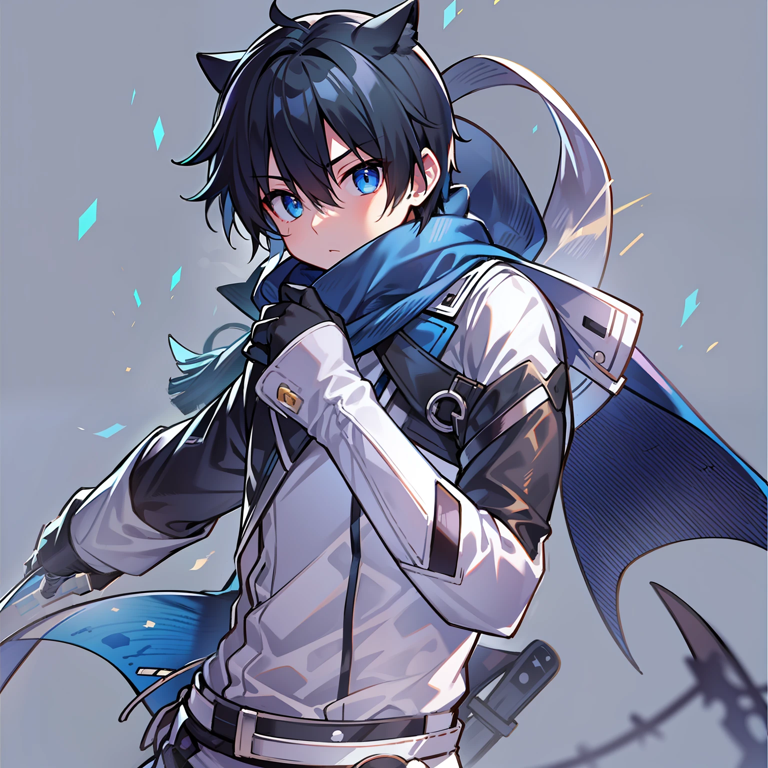 Game CG，8K quality，((younge boy))，juvenile sense，Anime male protagonist，Black hair and blue dye，Shining big eyes，Eyes look into the distance，Squint viewing angle，Animal ears，Ninja forehead，((Black and blue jumpsuits))，White gloves，(Racing boots)，assassins，Full body like，technology city，Scarf，Back sword，Hand on the ground，Battle damage,Paw print pattern