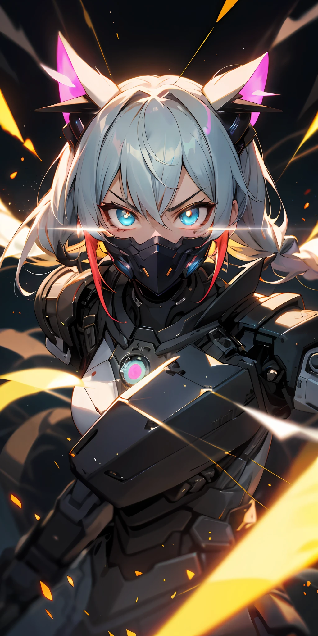 Masterpiece Anime Robot beutiful diamond skin golem cat girl magic, aesthetic_eyes, detailed eyes, demon horn, mask, wings, glowing, random twintail fantasy hair, multicolored hair, body detailed, random very angry face, detailed face, Saenyo Ancalagon Anthropomorphic majestic Guardian | Portrait | finely detailed Obsidian and Lava armor | cinematic lighting | intricate filigree metal design | 8k | unreal engine | octane render | aesthetic_eyes, detailed eyes, body detailed, ahegao, detailed face, highly detailed, fantasy background, blush, cat_ears_earrings hair_ornament highres jewelry triple_earring, detailed all, solo, fightning stance, magic circle, electrification, lightning effect, ray tracing, detailed all, show your ability A.I, 4K Ultra HD. add face mask, add fullface mask, mouth and nose covered by mask, glowing eyes particle glowing, 4K Wallpaper, robot female,
