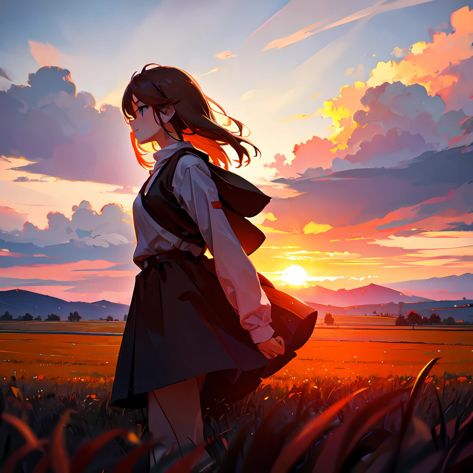 girl standing in field, closeup, portrait, clouds, sunrise