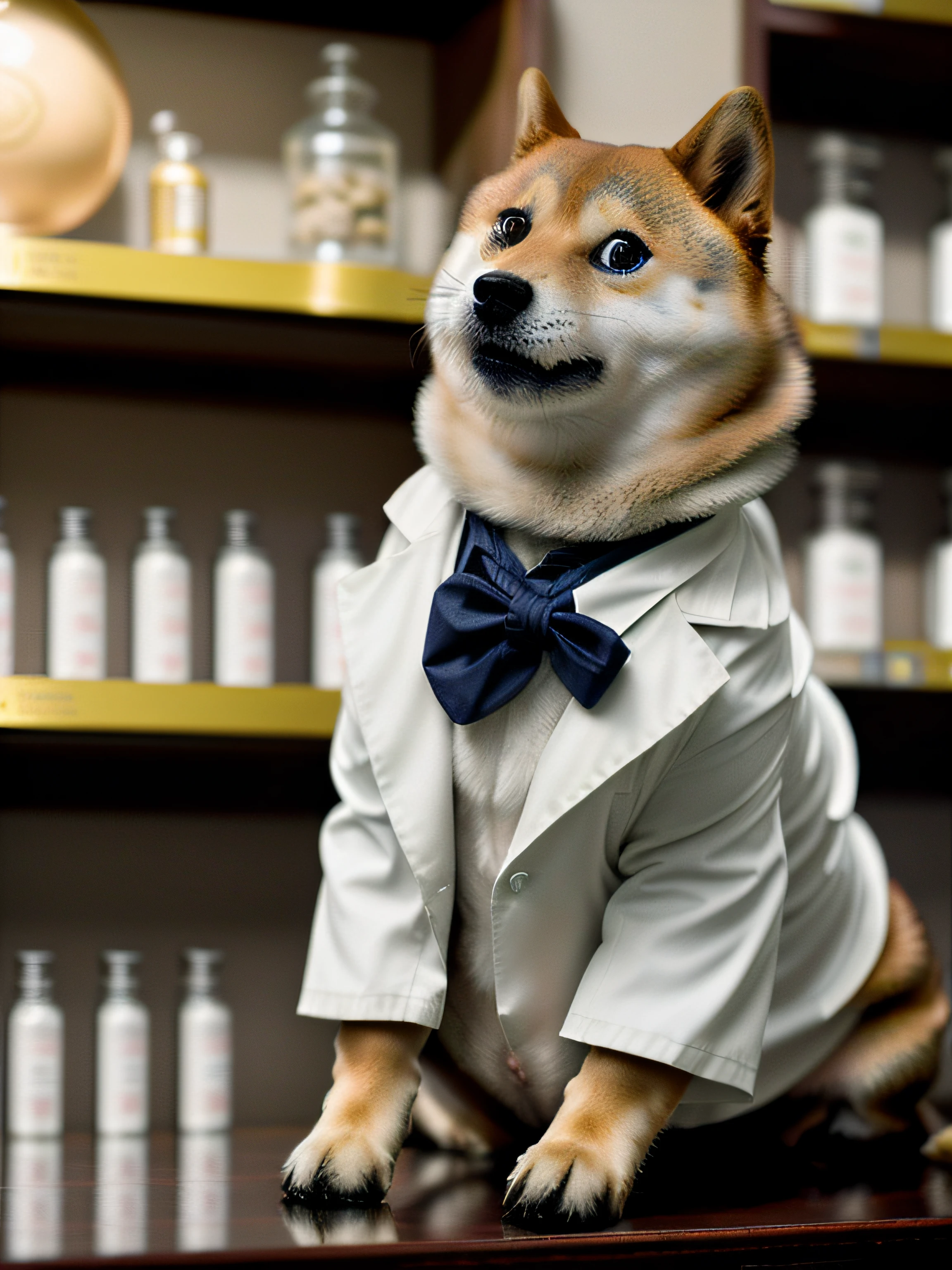 (masterpiece), extremely intricate, (realistic), nature, flowers, sharp focus, dramatic, award winning, cinematic lighting, octane render, unreal engine, volumetrics dtx, 1dog, ntydoge as a doctor wearing doctor's white coat lying in a shelf of a pharmacy, ((full body)),looking at viewer, solid background