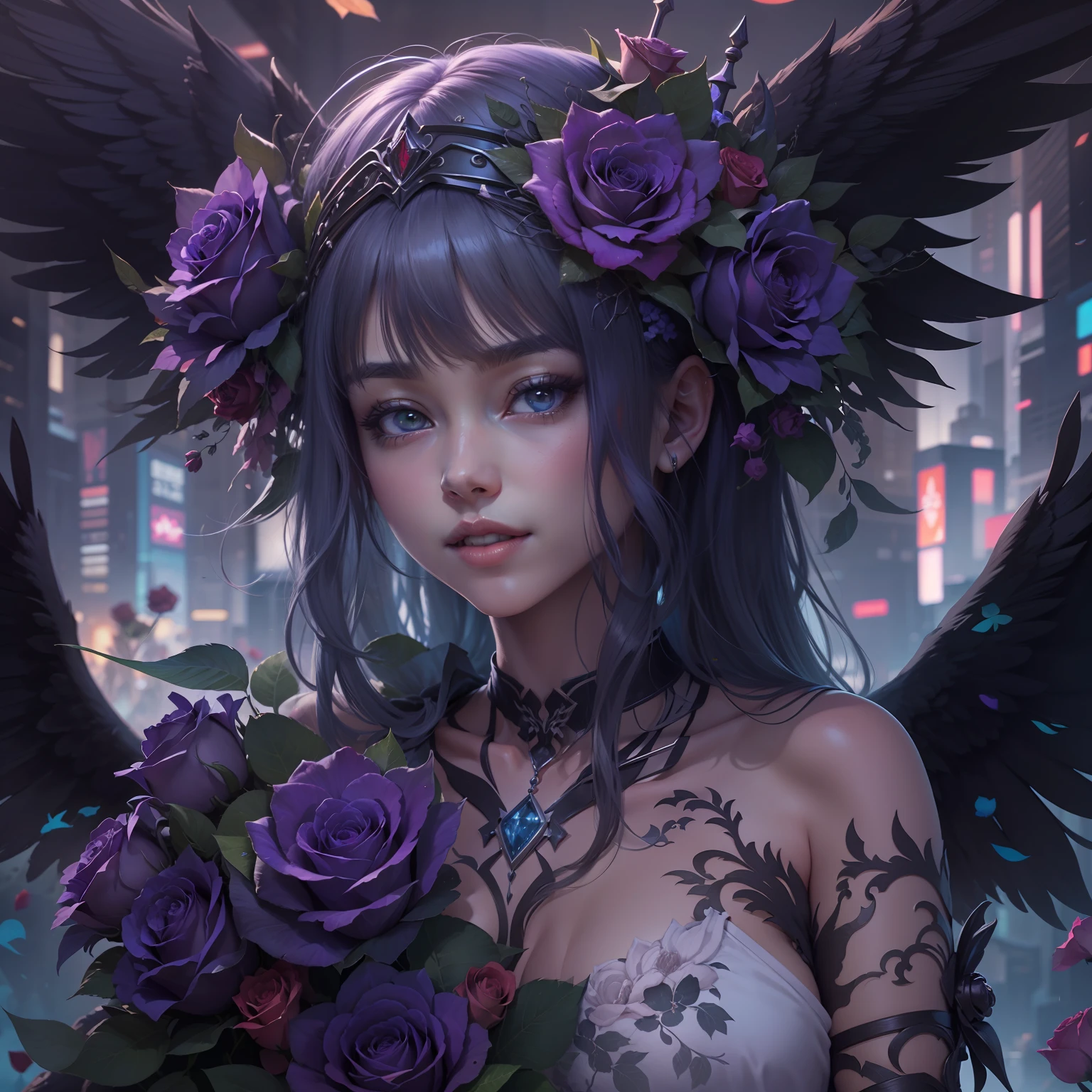Anime girl with purple roses and crowns, Black wings on the back, and Yang J's cyberpunk art, cgsociety contest winner, gothic art, 8k high quality detailed art, Detail Digital Animation Art, gothic maiden anime girl, 4k detailed digital art, 4k detailed digital art, 2.5 d cgi anime fantasy artwork, Intricate and colorful anime CGI style, s whole body, Detail, Big, Clear eyes, Lovely smile