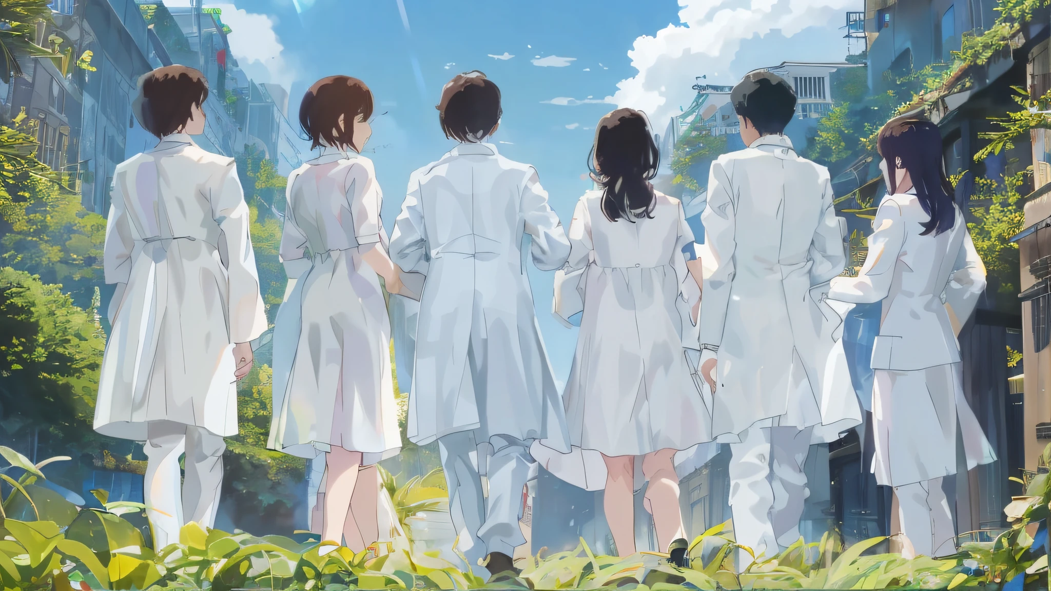 optimization，highly accurate，Back Shadow，White doctor suit，The back of a group of doctors，A female doctor with short hair is in the middle，There was a group of doctors around，There are men and women，mtu，High precision，Shinkai sincerely，meticuloso，the doctor，The setting of the garden，Shinkai sincerely，llight rays