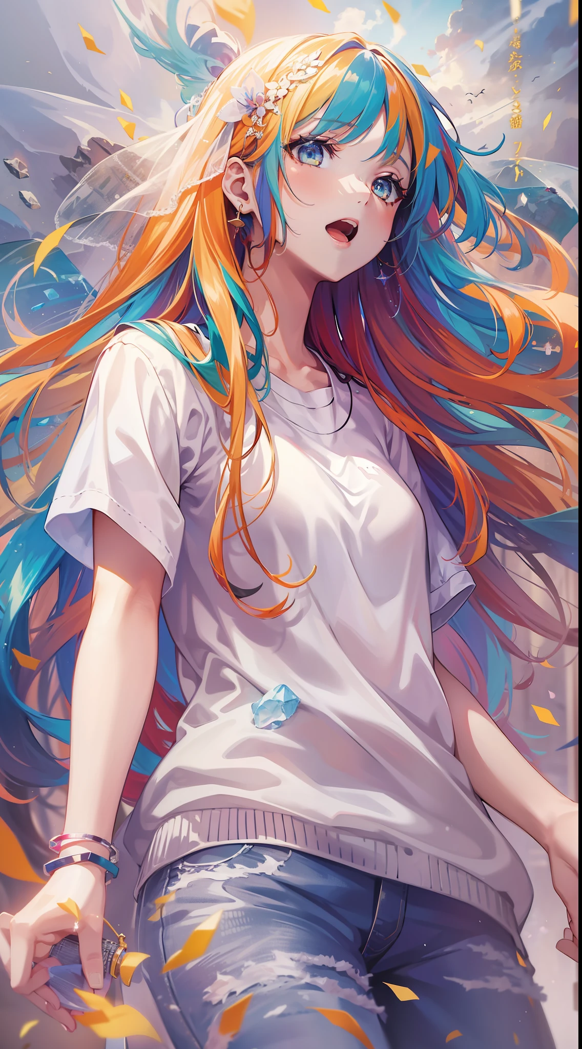 Girl in a dream。I have long colorful hair。Wearing white clothes。It's a rock band。I'm singing a song。Notes flying around。It is an illustration of the highest quality。It is a beautiful illustration。Very colorful。