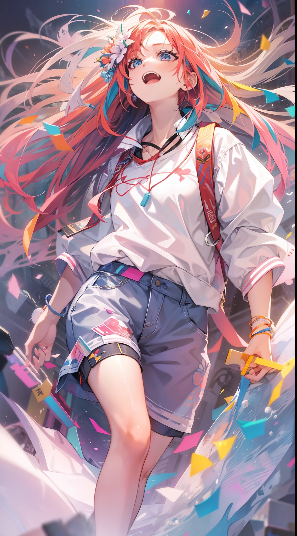 Girl in a dream。I have long colorful hair。Wearing white clothes。It's a rock band。I'm singing a song。Notes flying around。It is an illustration of the highest quality。It is a beautiful illustration。Very colorful。